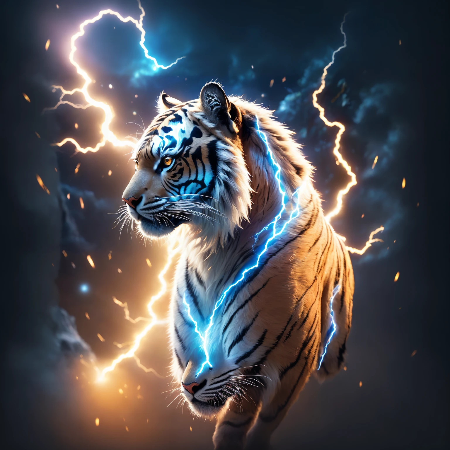 There a tiger standing in the dark with lightning, tigre_beastly, 4k highly detailed digital art, cosmic tiger, digital art animal photo, Intense expressions 4k, ((tigre)), digital painting very detailed, luminous and epic, Highly detailed digital artwork, sacred tiger, Detailed lights and thunder, 4k detailed digital art, Beautiful digital artwork