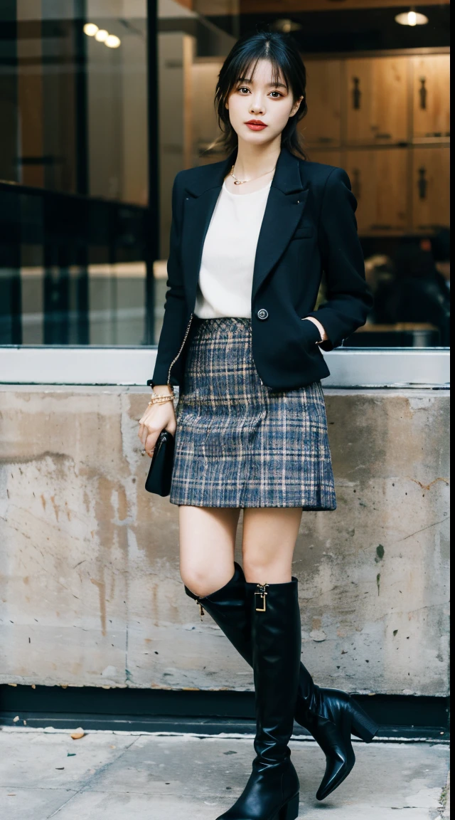 Best quality at best,tmasterpiece,超高分辨率,(actual:1.4),RAW photogr,hyper HD,8K,There one girl,Stylish clothes,Chanel style,Stylish skinny suit, wearing jacket and skirt,high-class fashion,ellegance, short skirt and a long jacket, Popular models, tigh-high boots,Inside of over-the-knee boots,Casual pose