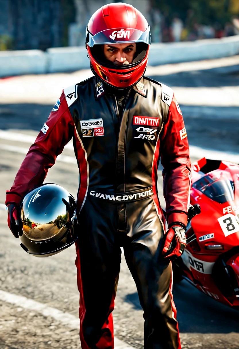 (GTA art, gtav style:1.2), (Motion Blur), (best composition), Handsome racing driver, tight racing suit, handsome and handsome. The colors of the clothes are black and red. Cool and cute. Racing gloves, holding racing helmet in hand. She stood next to the racing car, taking photos of the champion, enhance, intricate, (best quality, masterpiece, Representative work, official art, Professional, unity 8k wallpaper:1.3)