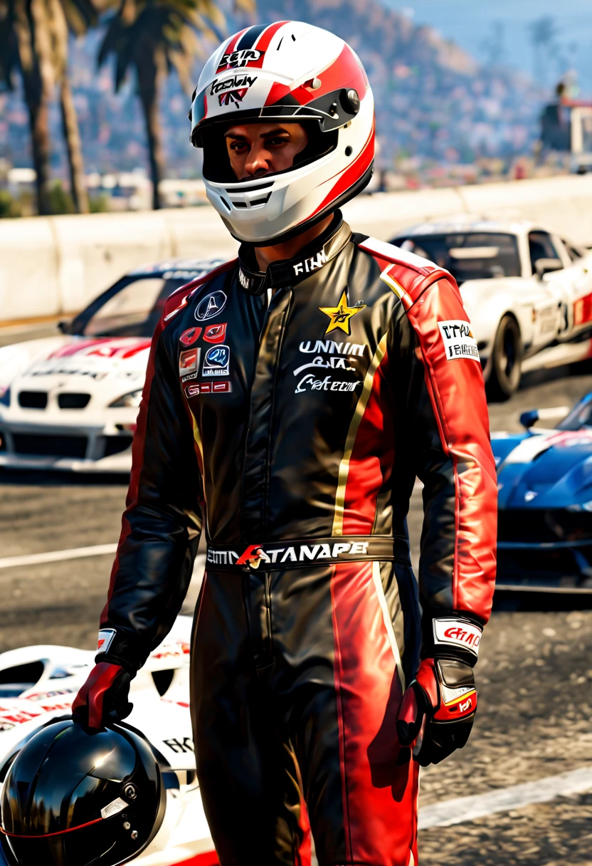 (GTA art, gtav style:1.2), (Motion Blur), (best composition), Handsome racing driver, tight racing suit, handsome and handsome. The colors of the clothes are black and red. Cool and cute. Racing gloves, holding racing helmet in hand. She stood next to the racing car, taking photos of the champion, enhance, intricate, (best quality, masterpiece, Representative work, official art, Professional, unity 8k wallpaper:1.3)