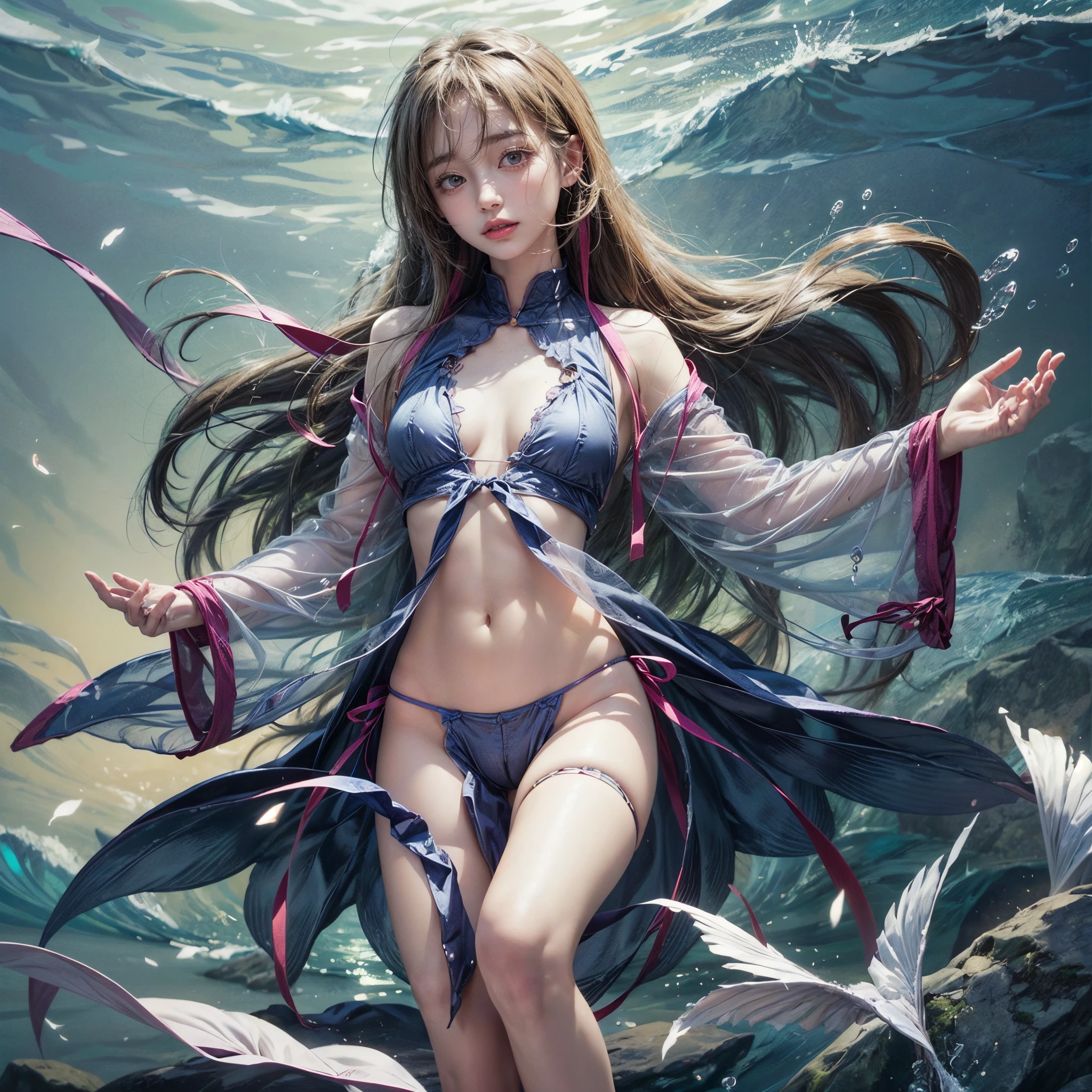 (8K, Original photography, Top image quality, masterpiece: 1.28), hyper HD, (Realistic, 真实感: 1.38), realisticlying, A high resolution, softlighting. Tiny Girls, girl jumping into the water、Falling、splash water、shout、Luminous water surface、White and Vivid colors, (under the mesmerizing back lighting), glistening ivory skin, sparkling highlights, Detailed KAWAII face with cute lips, long eyelashes, Delicate clothes, Detailed open crotch, (Whole Body proportions and all limbs are anatomically accurate | correct hands) .