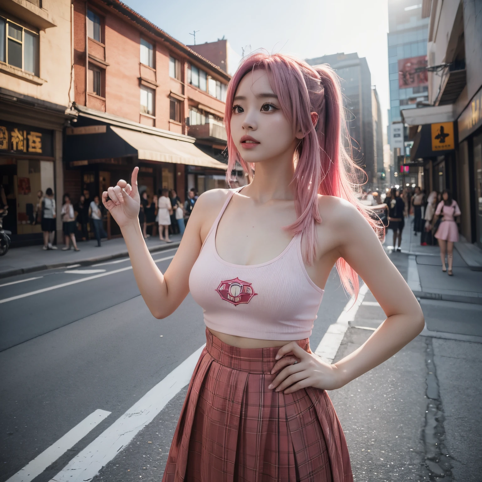 Araffe girl with pink hair and pink top standing on street corner ...