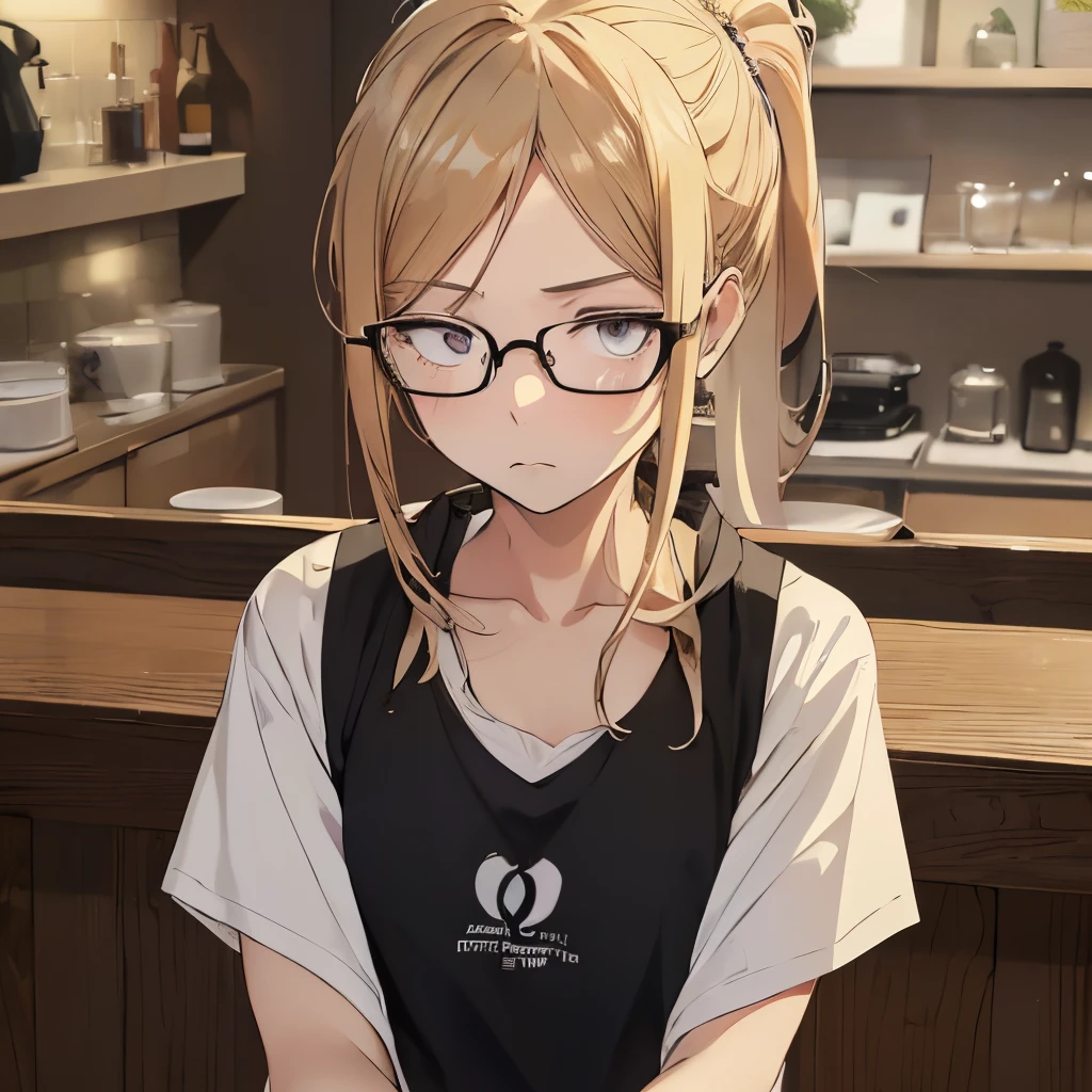 ⓪Action:araffe woman sitting in a car seat , a picture by Sengai, instagram, ①Quality:(ultra-detailed:1.3), masterpiece, 8k, extremely detailed CG, (1 girl), Perfect hands:1.2), (Perfect Anatomy:1.2), (beautiful face: 1.1), Intricate Iris Details, Captivating Eye Reflections, Sparkling Highlights in the Eyes, Depth and Dimension in the Pupils, Subtle Color Variations in the Iris, Meticulous Eyelash Details, Depth and Dimension in the Pupils, ②Lighting:brightening light, moody lighting, nature lighting, Best Illumination, ③ part: (flat chest: 1.4), floating hair, detailed face, detailed eyes, shiny hair, ④Style: animation, illustration, ⑤Subject: (ponytail hair:1.3), (blonde hair, straight hair, long hair, black eyes, sanpaku eyes ), ⑥Environment: Cafe,kitchen,bar , ⑦Construction:Upper body, (close-up view: 1.3), Looking at Viewer, very wide shot, from below, ⑧Costume : (T-shirt, apron: 1.3), (glasses:1.5), ⑨Others:(slender body、small head、Seven-headed body), wear an apron over a t-shirt,
