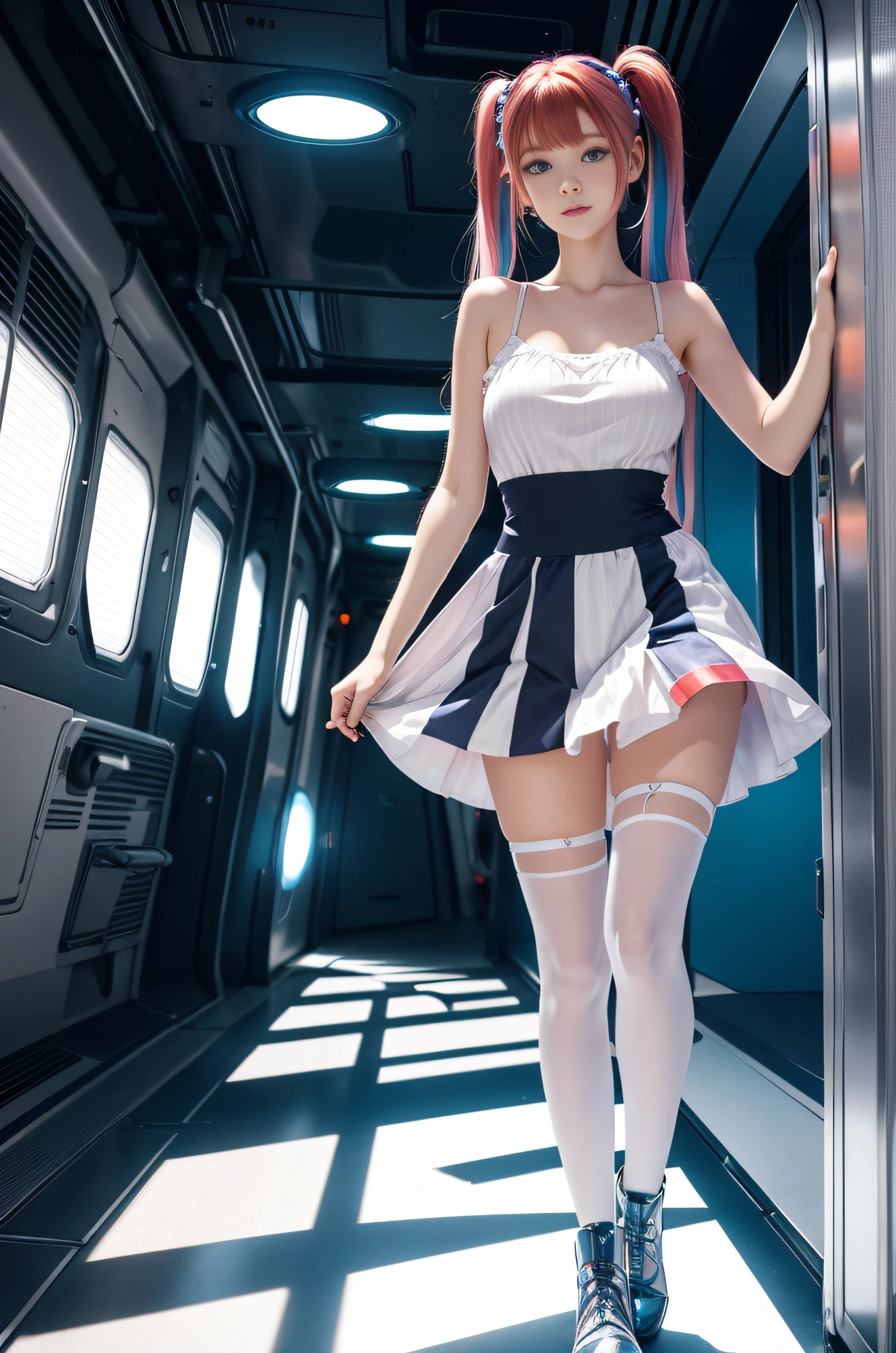 cute redhead with rainbow colored hair tips, ribbons in her hair, 18-year-old woman, happy, in twin tails, perfect symmetrical eyes, clear sparkling blue eyes, pale skin, silky smooth skin, standing on a fancy metal luxurious space ship, futuristic corridor, dark warm lighting, wearing a futuristic chemise over tank top and a pleated (chemise) mini dress (pastel colors, led lights and stripes), wearing full body pantyhose, cute short cut booties.