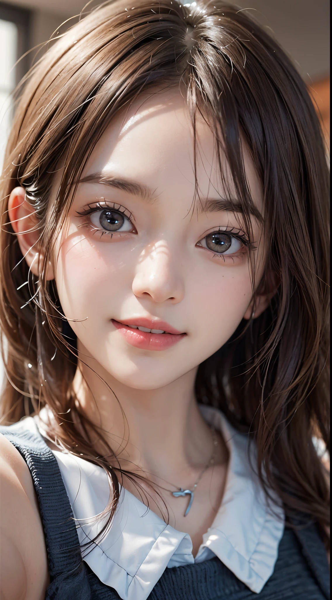 Beautiful woman、Kawaii Woman、About 20 years old、A detailed face、Detailed eyes、Detailed skin、detailed hairs、super realistic picture quality、An ultra-high picture quality、8K、Shy smile、Tomoyo Harada、Smiling、(A slightly longer face)、(white teeth smile), Fisheye, ((Selfie)), Wind, hair messy, Sunset, Cityscape, (Aesthetics and atmosphere:1.2)、