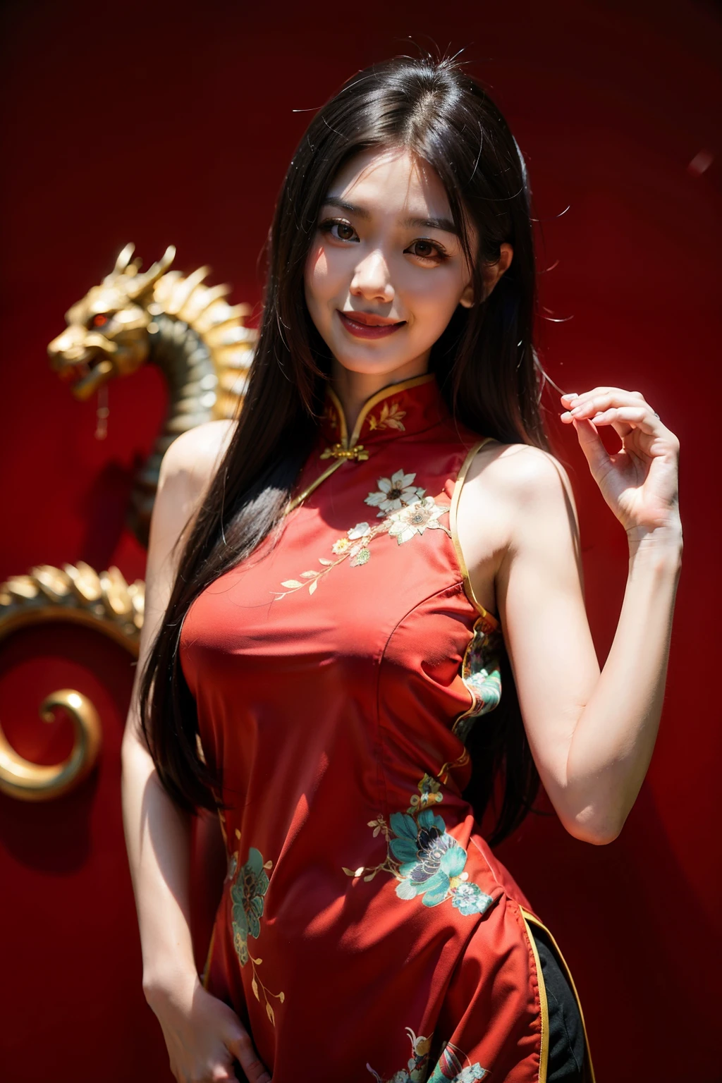 Smiling oriental beauty with long black hair wearing red cheongsam with an oriental dragon on the background