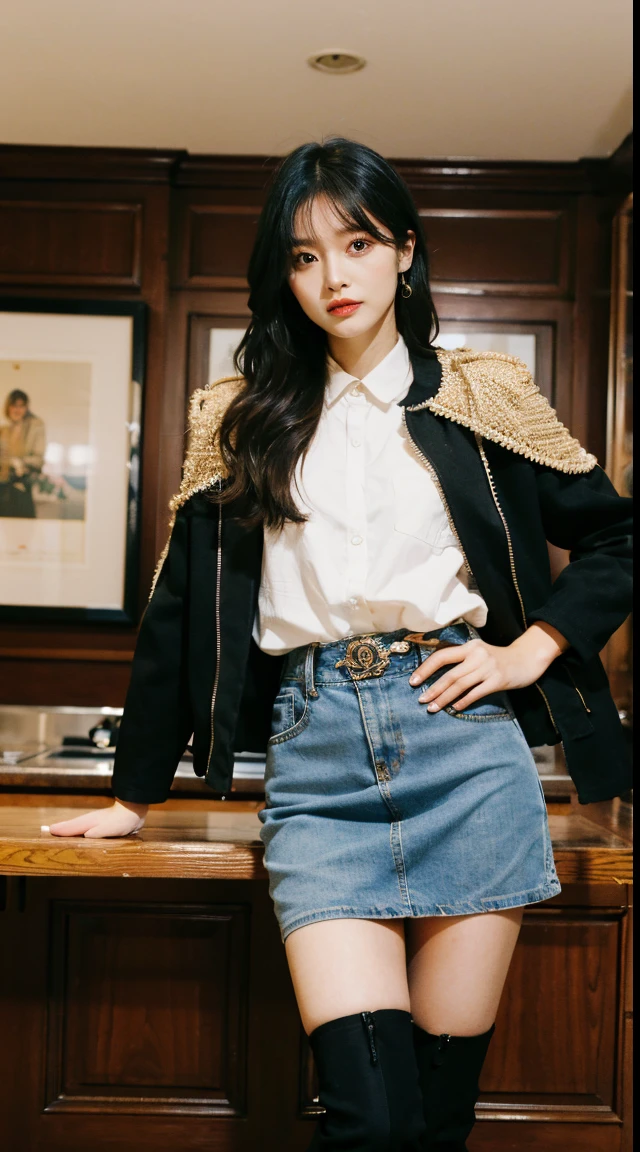 Best quality,tmasterpiece,超高分辨率,(actual:1.4),RAW photos,hyper HD,8K,There one girl,Stylish clothes,Chanel style,Stylish skinny suit, wearing jacket and skirt,high-class fashion,ellegance, short skirt and a long jacket, Popular models, tigh-high boots,Over the knee boots interior,Casual pose