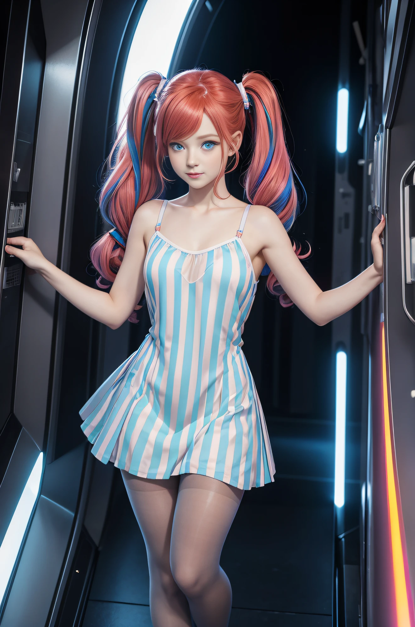 cute redhead with rainbow colored hair tips, ribbons in her hair, 18-year-old woman, happy, in twin tails, perfect symmetrical eyes, clear sparkling blue eyes, pale skin, silky smooth skin, standing on a fancy metal luxurious space ship, futuristic corridor, dark warm lighting, wearing a futuristic chemise over tank top and a pleated (chemise) mini dress (pastel colors, led lights and stripes), wearing full body pantyhose, cute short cut booties.