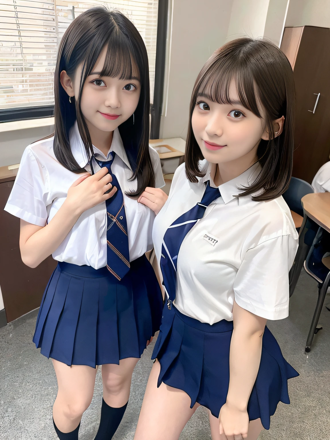Female duo、23years old, school classrooms、high-school uniform:1.2,Dark blue skirt、Bob Layer Cut、Random Poses,White Short Sleeve Y-Shirt、shortsleeves、neck tie、Raw feet、Essential items for beautiful legs, 超A high resolution, (Ecstasy:1.0), 1girl in, (sobbing:1.0), Dark hair, Dramatic Lighting, female dog, Normal-breasted,Shake your head、Laugh、A smile
