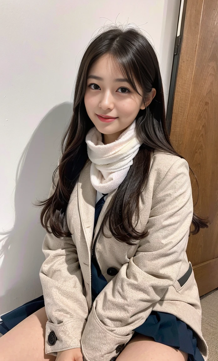 ulzzang -6500-v1.1, (Raw foto:1.2), (Photorealsitic:1.4), a beautiful detailed girl, extremely detailed eye and face, beatiful detailed eyes, Ridiculous, unbelievable Ridiculous, huge filesize, ultra-detailliert, hight resolution, ighly detailed, top-quality, masterpiece, Kemomimi, ((wearing a white scarf around his neck)), ((black puffy down jacket)), (((Japan schoolgirl uniform))), illustratio, ighly detailed, nffsw, unification, 8k wallpaper, astonishing, finely detail, masterpiece, top-quality, Highly detailed ticker uniform 8K wallpaper, face lights、Cinematographic lighting、((4-girls))、sixteen years old、(witheout panties)、((dynamicposes)))、(camel's toe)、(half)、(Crooked knees and legs sitting)),