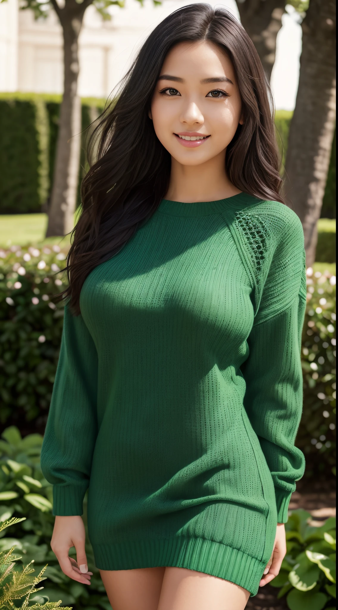 Foto hiperrealista en primer plano de Kim Joo, masterpiece, best quality, (photorealistic:1.4), full body, (green sweater dress:1.1), garden, sunny day, cinematic light, beautiful woman, skinny, large big breasts, black long hair, detailed face, smile, facing the camera, photo taken from a distance, age of 25 years old
