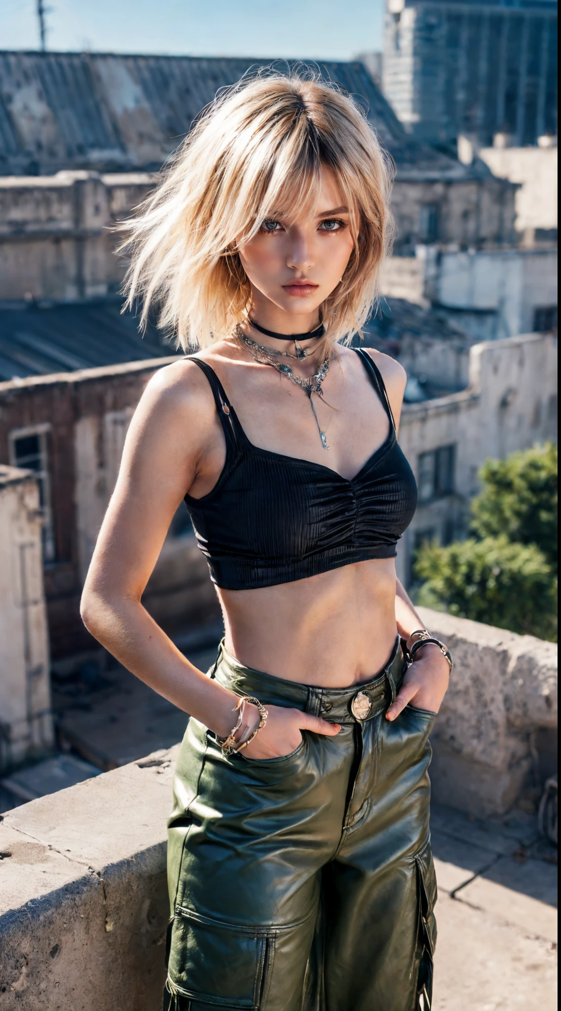 (Ultra-detailed eyes), (((textile shading))), (((Best Quality))), (((materpiece))), (((Ultra-detailed CG))), sassy girl, (((magical girl))), (Petite), (tiny chest), blonde caramel hair, blonde caramel hair, blonde caramel hair, ((rock chic punk hair style, long hair, gorgeous hair)), Pink eyes, (((rock chick, punk, riot girl, y2k))), ((striking a pose)), (((Game CG)) (gorgeous, sassy, it girl), fancy jewelry, on a rooftop, Halterneck Leather Crop Top, Ruched Layer Top, cargo Pants, atmosphere,4K, strong rooftop atmosphere, cowboy shot, midshot, centered image, eye on camera, daylight, look at the viewer