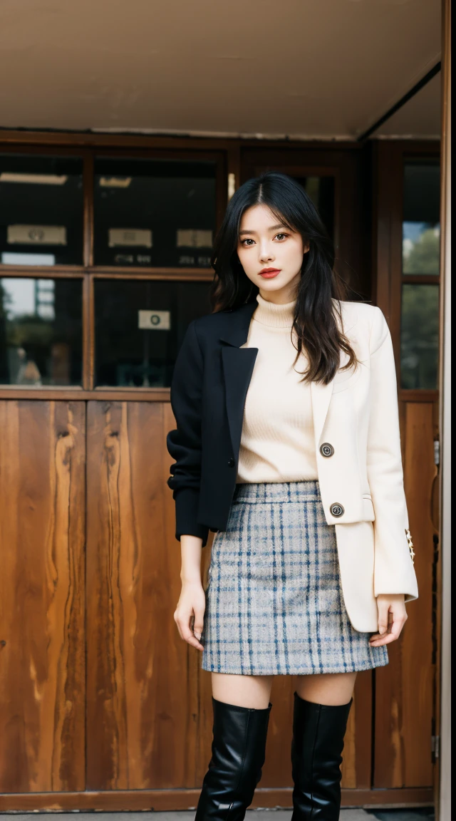 Best quality at best,tmasterpiece,超高分辨率,(actual:1.4),RAW photogr,hyper HD,8K,There one girl,Stylish clothes,Chanel style,Stylish skinny suit, wearing jacket and skirt,high-class fashion,ellegance, short skirt and a long jacket, tigh-high boots,Inside of over-the-knee boots,Casual pose