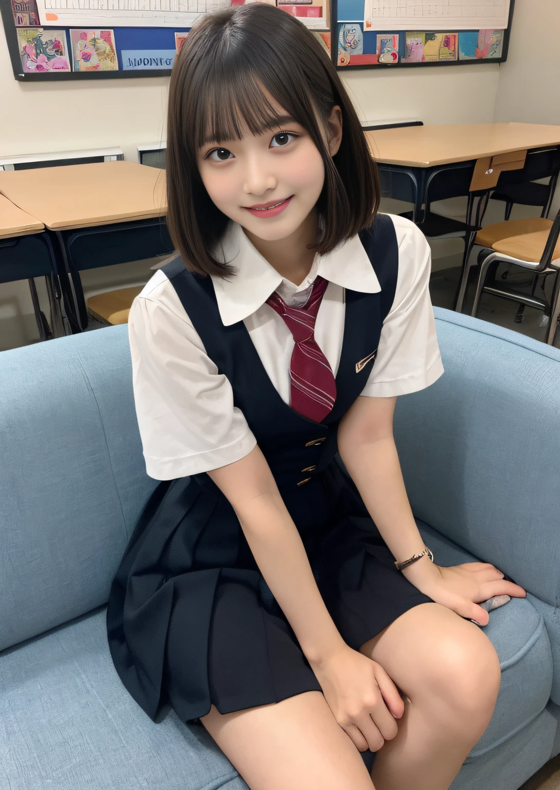 finely detail, hight resolution, hightquality、Perfect dynamic composition, Beautiful detailed eyes, Bob Layer Cut、From Verase、From below、From below、sit on sofa、long legged、despise、Looking at the camera、Random Poses、Natural Color Lip, age19、two individuals、shipping、Transparent skin、School Uniforms、I have a pick in my hand、Glowing hair、Inside the school、Fashionable clothes、Shibuya、Gelato Pique、a room、friend with beautiful legs、Shake your head、Laugh、A smile