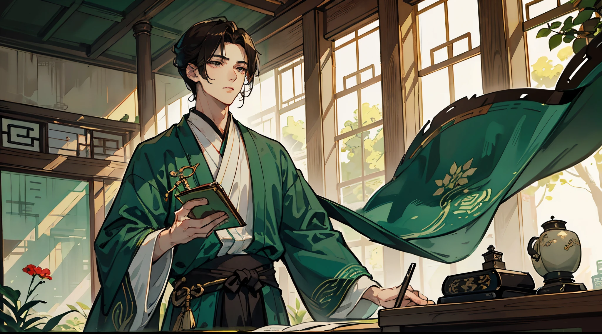 ​masterpiece，Need，a handsome young man，serious，Short brunette hair，Wearing dark green Hanfu，Delicate face，Handsome face and smooth fair skin，Handsome guy in ancient China，Reading，Sit at your desk，contrast，Ink painting style。
