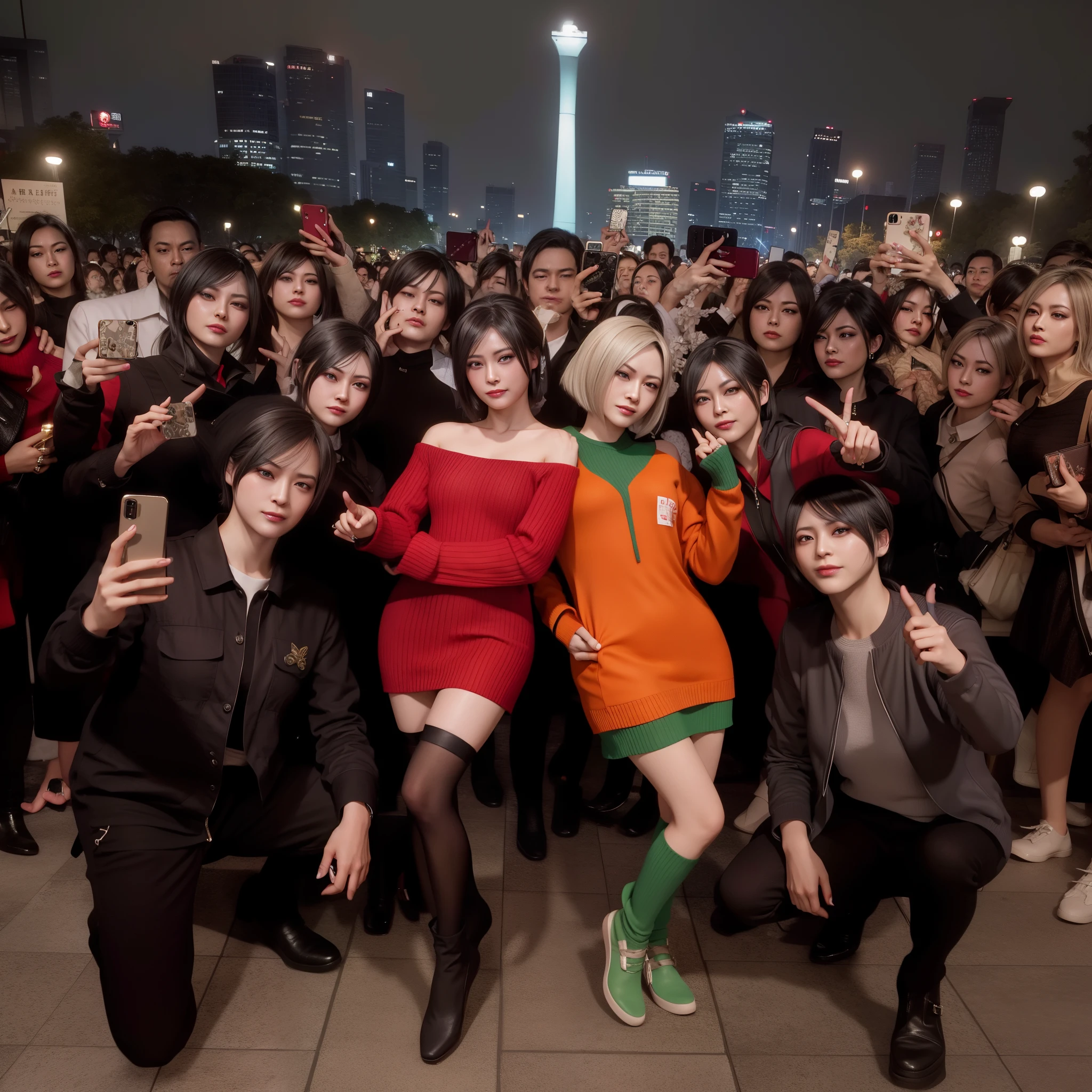 Ada wong, standing gracefully, selfie style, stylish hand, mini red dress sweater, smile