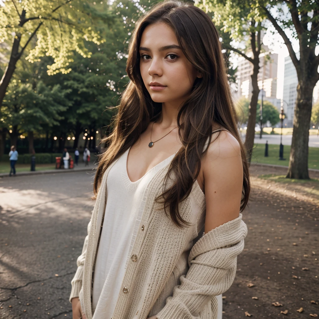 photo-realistic perspective color Eye-Level Shot, 1girl, age 15 years old , model, light brown hair, long hair, hair behind ear, exposed shoulder, jewerly, off the body sweater, elegant necklace, cinematic lighting, outside, in the park, DSLR, 35mm, f/1.8, Fujicolor, HDR, highres, 8k, 4k,