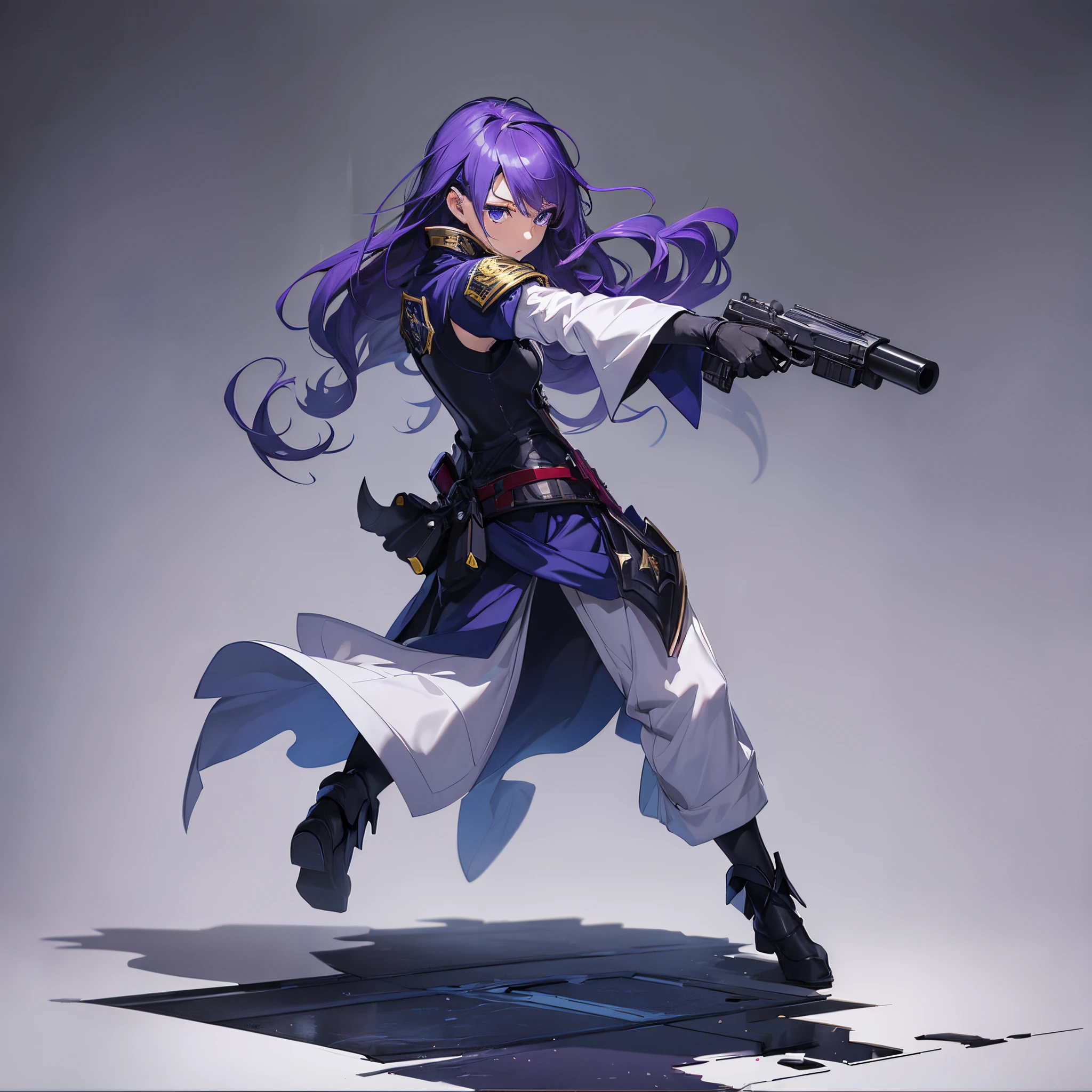 (Religious Priesthood)、Full body depiction、(Stand on a devastated battlefield)、Standing alone、((infp young woman))、semi long hair、Sharp eyes、(Veteran Hero)、The ultra -The high-definition、((Sisters Costume))、Handguns in both hands、inner colored、purple color hair、Blue eyes、(Glaring at the other person)、(ambush)