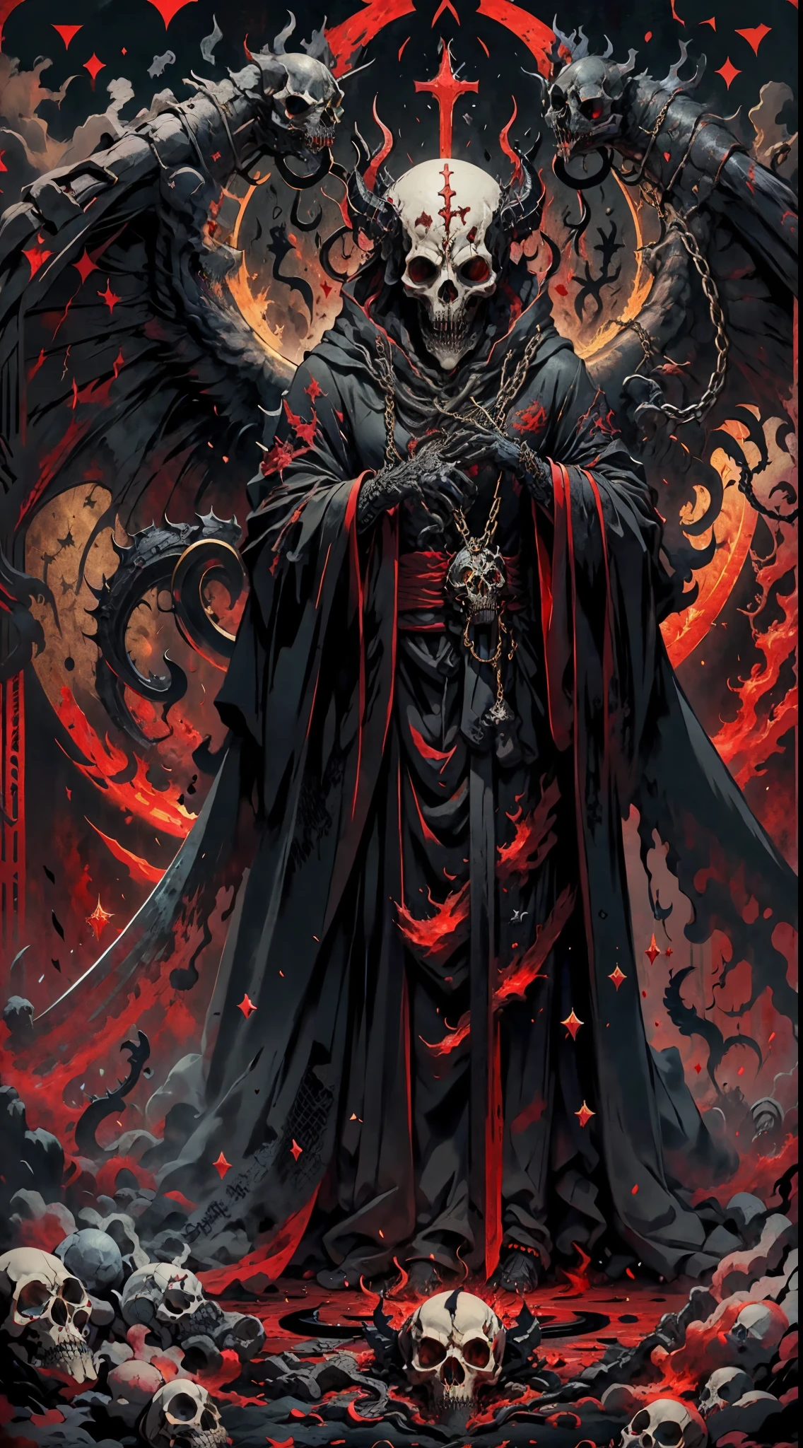 offcial art，Hell Demon，Black robe，（shinigami ), (Red theme:1.1), golden theme, scythe, Dark Star,Skull pile, Skeleton body，unholy，red eyes，Black Crow，die，Cross chains, tarot cards，8K，A high resolution，High- sharpness，ultra - detailed,3D，