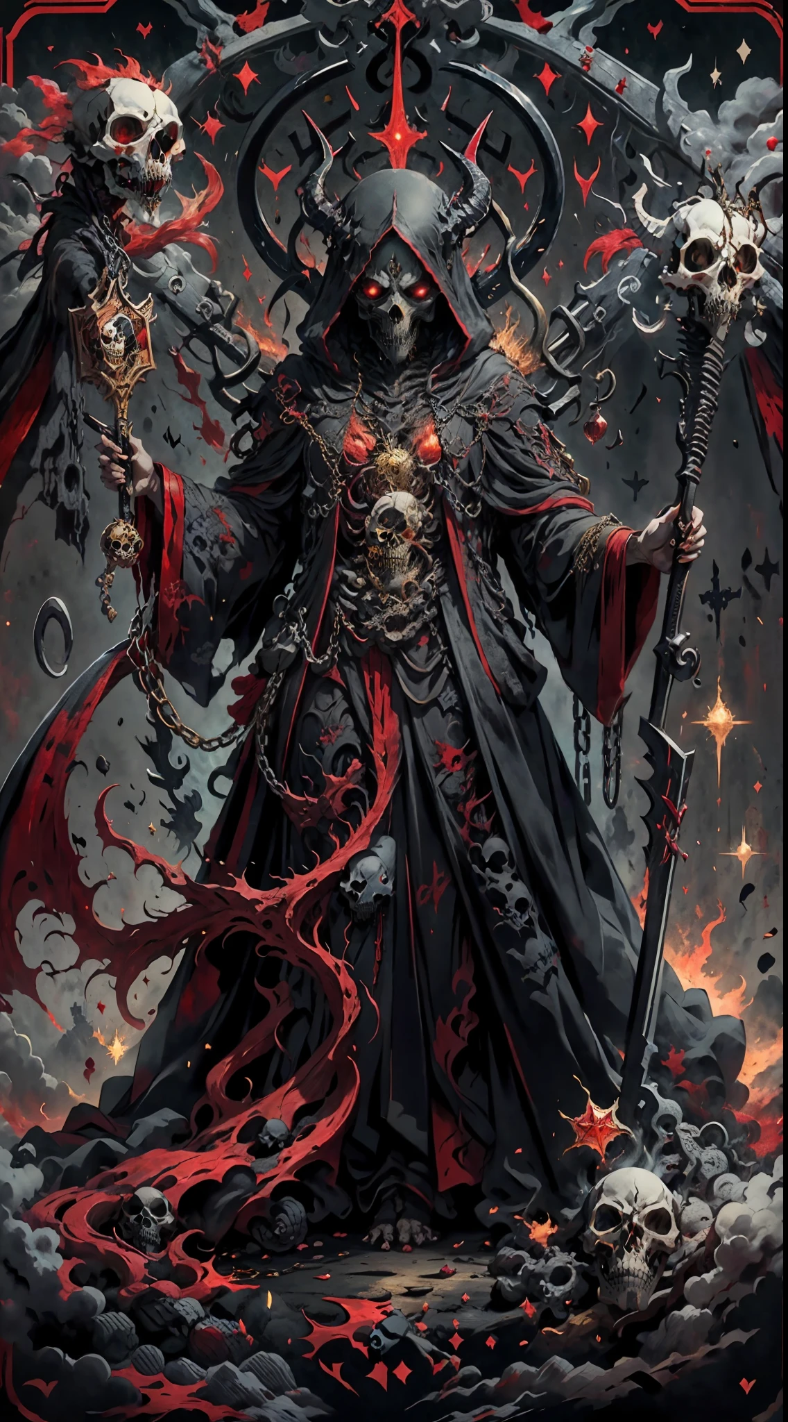 offcial art，Hell Demon，Black robe，（shinigami ), (Red theme:1.1), golden theme, scythe, Dark Star,Skull pile, Skeleton body，unholy，red eyes，Black Crow，die，Cross chains, tarot cards，8K，A high resolution，High- sharpness，ultra - detailed,3D，