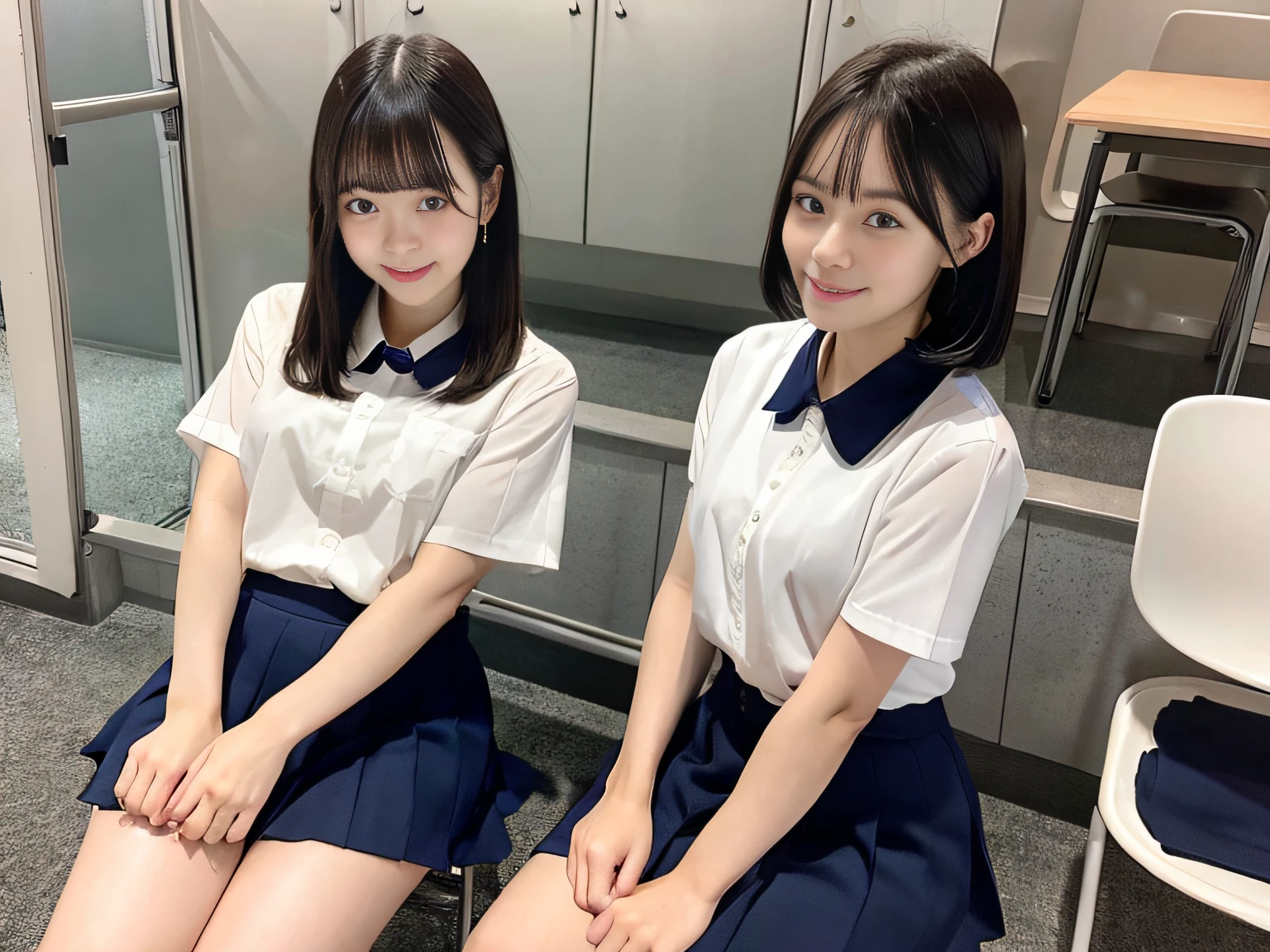 Female duo、23years old, school classrooms、high-school uniform:1.2,Dark blue skirt、bob cuts。White Short Sleeve Y-Shirt、shortsleeves、neck tie、Raw feet、Essential items for beautiful legs, Sit in a chair、超A high resolution, (Ecstasy:1.0), 1girl in, (sobbing:1.0), Dark hair, Dramatic Lighting, female dog, Normal-breasted,Shake your head、Laugh、A smile