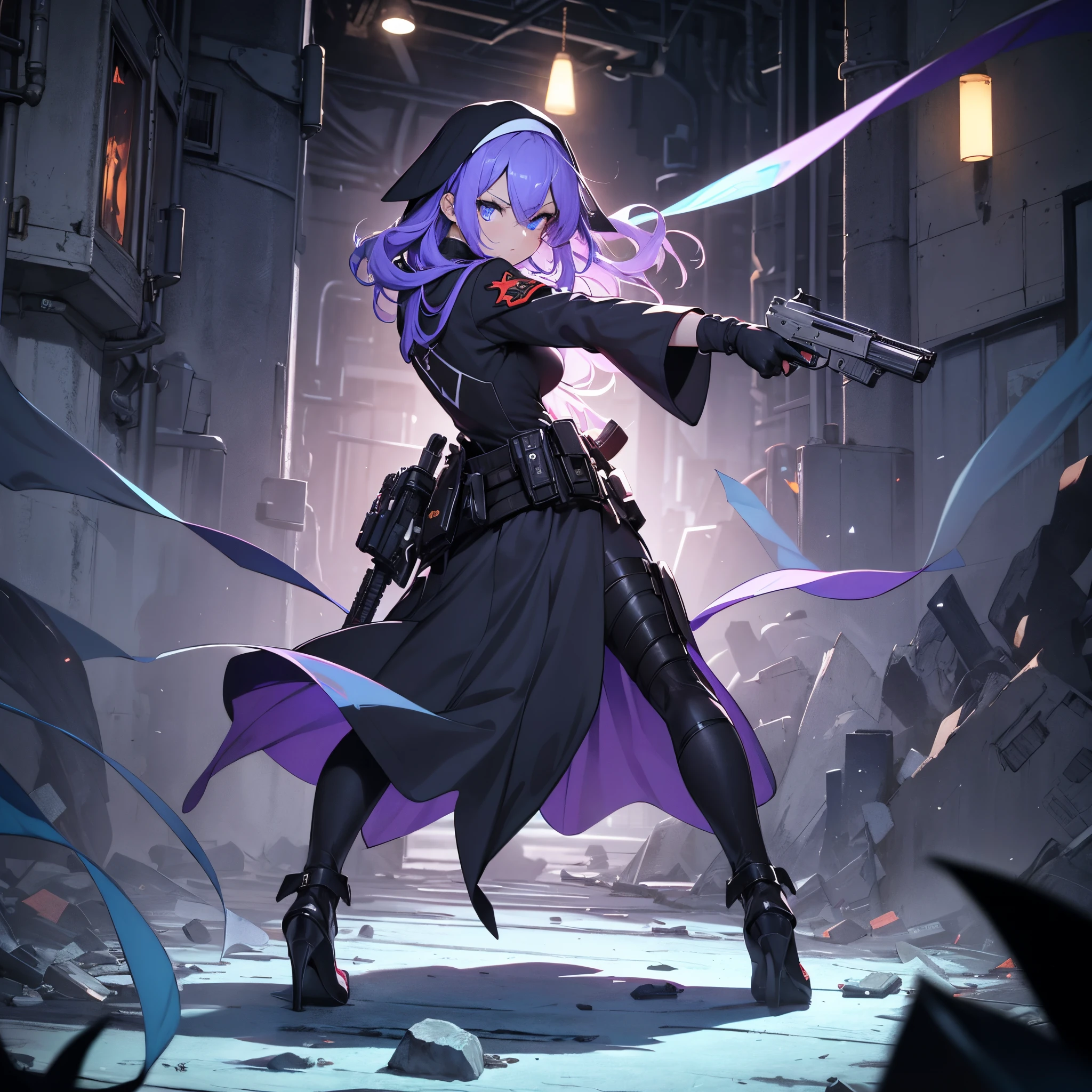 ((Black nun costume))、(Looking back at the camera)、Full body depiction、(Stand on a devastated battlefield)、Standing alone、((infp young woman))、semi long hair、Sharp eyes、(Veteran Hero)、The ultra -The high-definition、Handguns in both hands、inner colored、purple color hair、Blue eyes、(Glaring at the other person)、(ambush)
