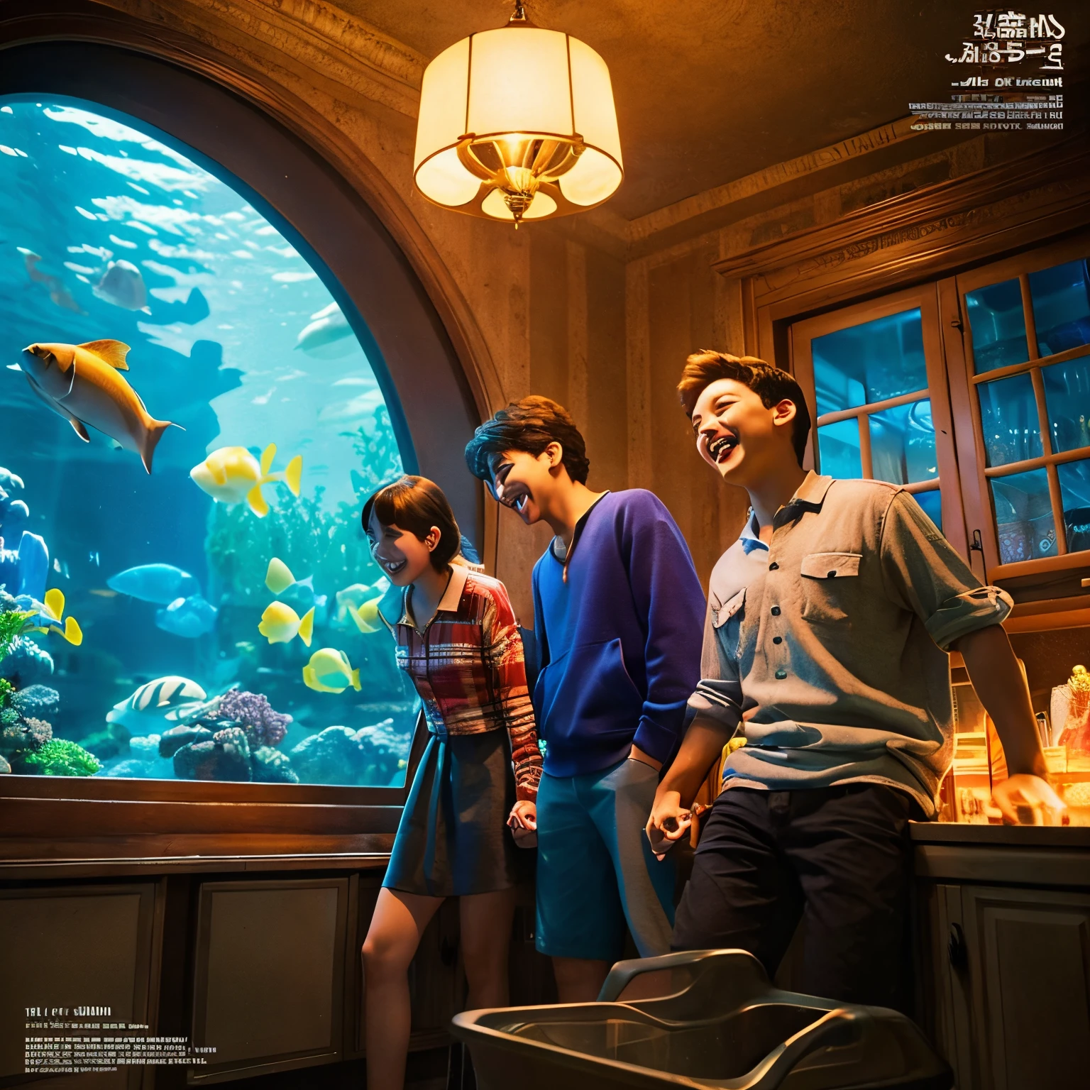 disney pixar poster 1、a girl and a boy、A boy and a girl are standing in an aquarium staring at each other.、2 The boy is laughing and the girl is playing peace 3、A boy and a girl are standing in a night view、4 A girl, dog, and boy are taking a picture together.、5 A girl and a boy are taking a picture in the mirror.