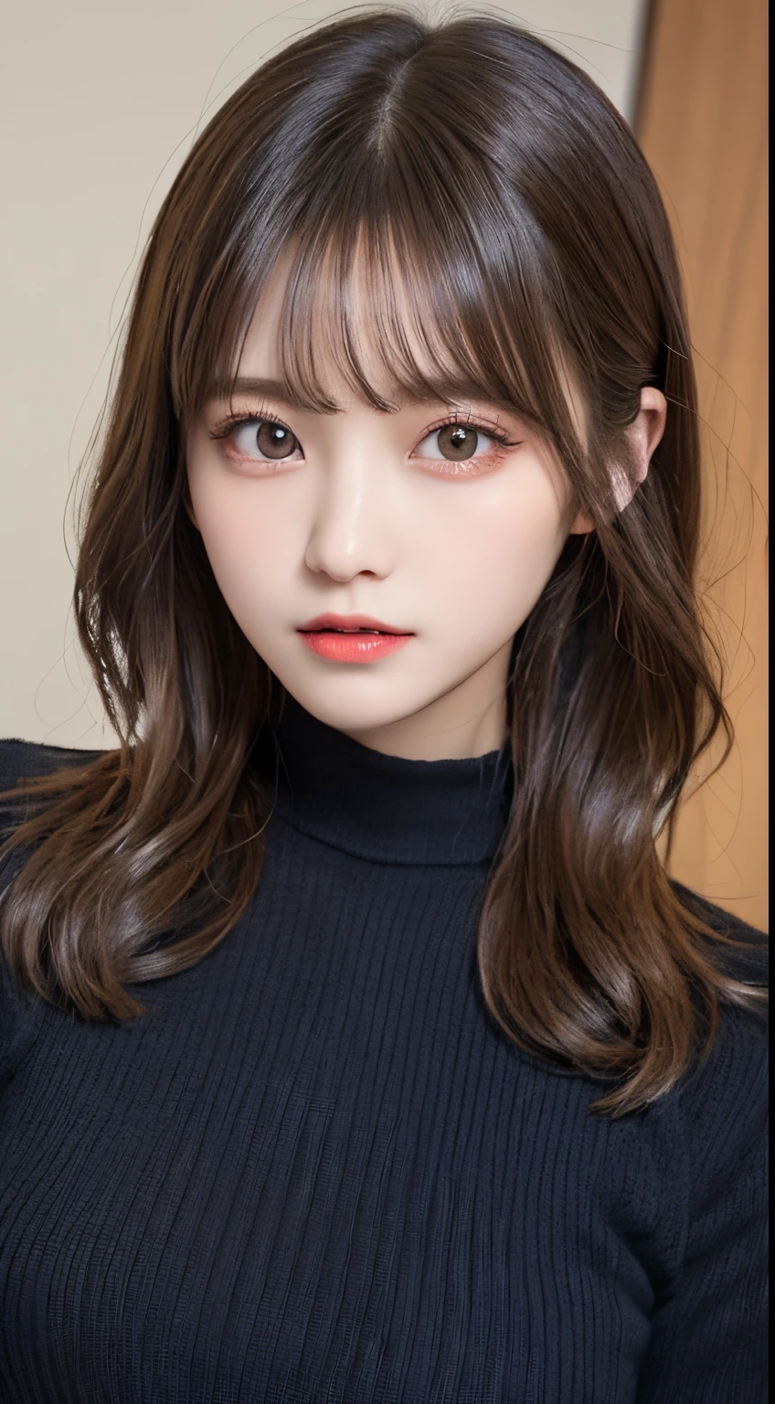 masutepiece, Best Quality, Illustration, Ultra-detailed, finely detail, hight resolution, 8K Wallpaper, Perfect dynamic composition, Beautiful detailed eyes, Long sleeve knit dress,Medium Hair, Natural Color Lip, Bold sexy poses、20 years girl、Cute,only face,make a sexy look