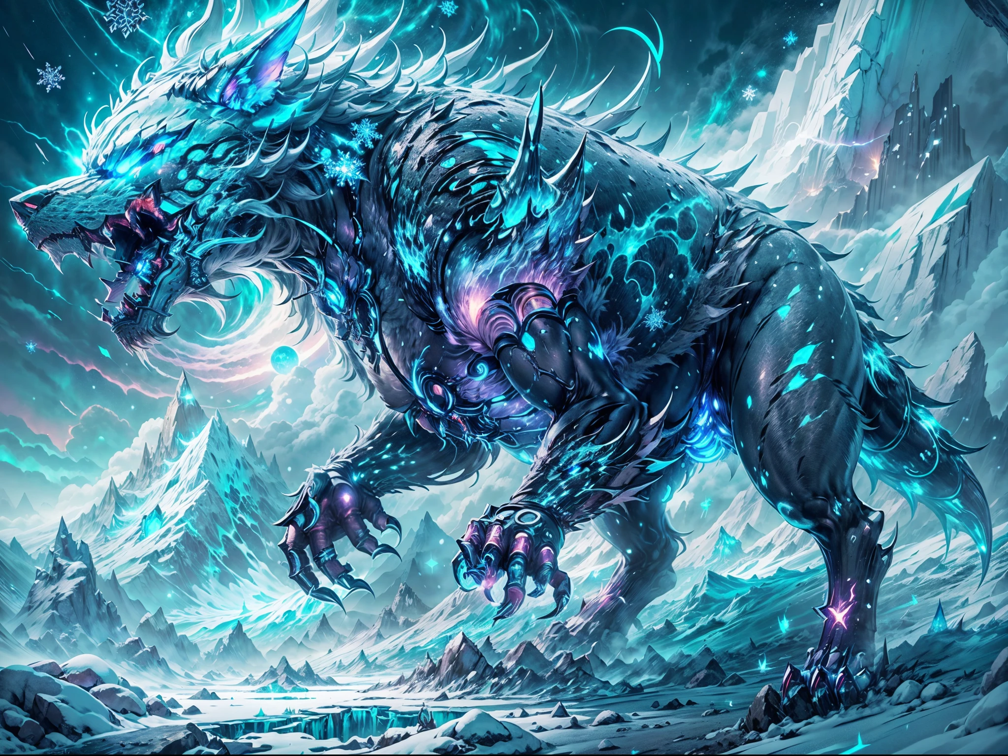 Metal Garurumon,best quality,ultra-detailed,metallic sheen,masterpiece:1.2,technological,blue color scheme,sharp focus,powerful and majestic,howling at the moon,in a snowy mountain peak,glowing electric blue eyes,sharp fangs,imposing metallic body,blue energy aura,icy breath,steaming mist,huge silver claws,sleek and aerodynamic design,dynamic pose,emitting sparks,sparkling snowflakes,stoic expression,crystal clear atmosphere,moonlit sky,icy wind,star-filled night,glacier backdrop,magnificent virtual landscape,neon lights,textured fur,enhanced cybernetic implants,wireframe elements,glittering ice crystals,intricate circuit patterns,frost-covered trees,rocky outcrops,aurora borealis in the distance,frigid atmosphere,evoking a sense of power and danger,luminous details.