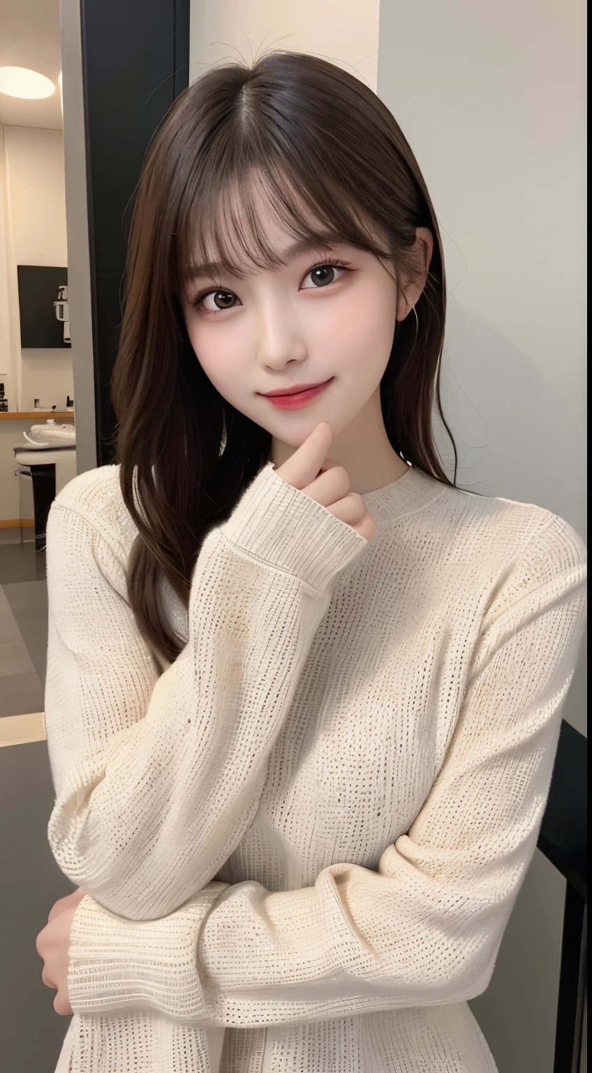masutepiece, Best Quality, Illustration, Ultra-detailed, finely detail, hight resolution, 8K Wallpaper, Perfect dynamic composition, Beautiful detailed eyes, Long sleeve knit dress,Medium Hair, Natural Color Lip, Bold sexy poses,Smile、20 years girl、Cute,Face only,Mode system