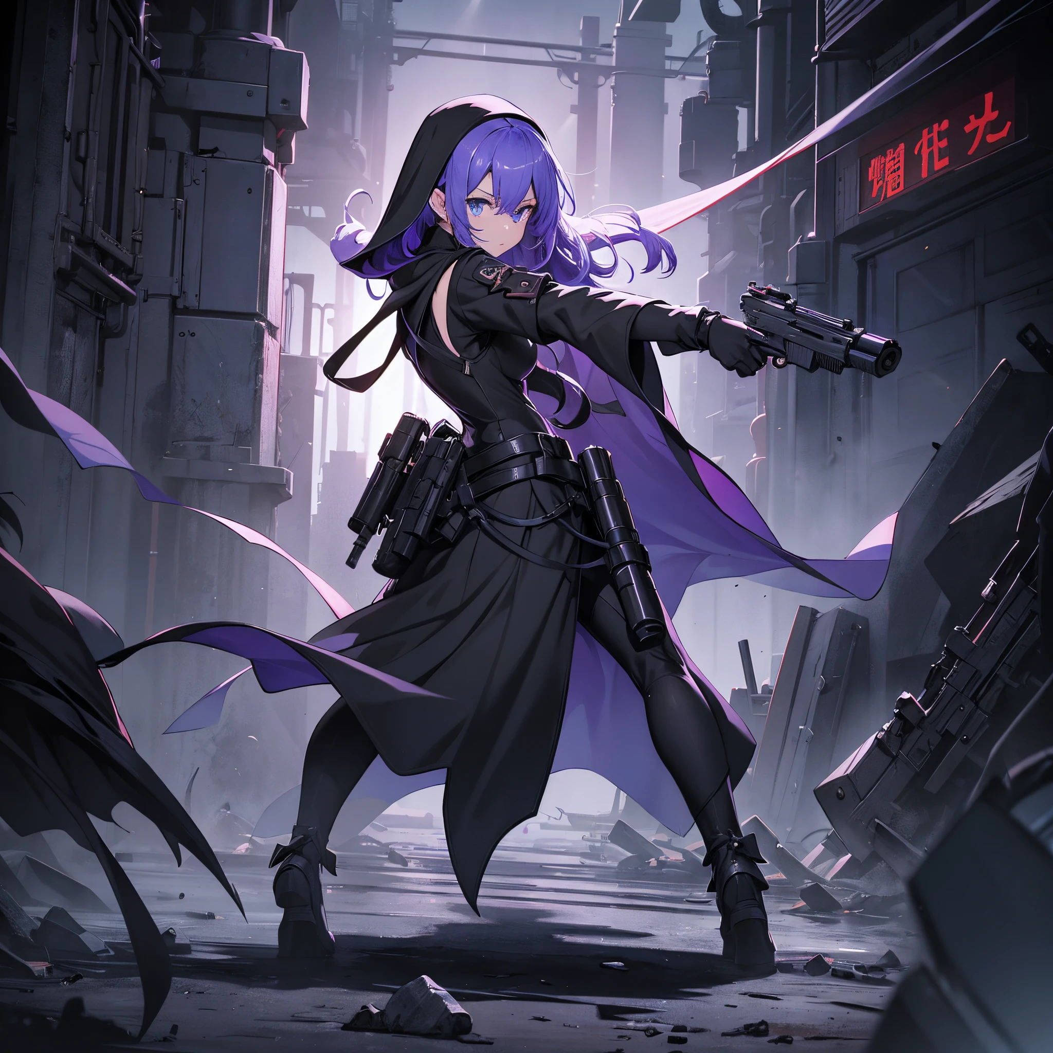 ((Black nun costume))、(Looking back at the camera)、Full body depiction、(Stand on a devastated battlefield)、Standing alone、((infp young woman))、semi long hair、Sharp eyes、(Veteran Hero)、The ultra -The high-definition、Handguns in both hands、inner colored、purple color hair、Blue eyes、(Glaring at the other person)、(ambush)