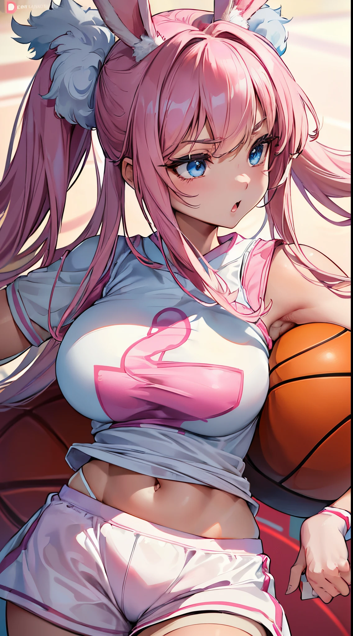 (lolabunny, Rabbit Girl, tan fur, Blue eyes, pink nose, buck teeth, shairband, Basketball Uniform, White shirt, White shorts, Midriff, logo on shirt:1.2), (by ratte and nuzzo and kenket:0.7), realistic fur, Real, Detailed, (detailed fur, furr, body covered with fur:1.2), Furry, anthro, Best Quality, professional photograpy, Photorealism, High quality, Volumetric, Ray tracing, nffsw, 4K, 8K, absurd res, Realistic, Max Shadina Starpiece)), (close up, Portrait, on a basketball court:1.2),