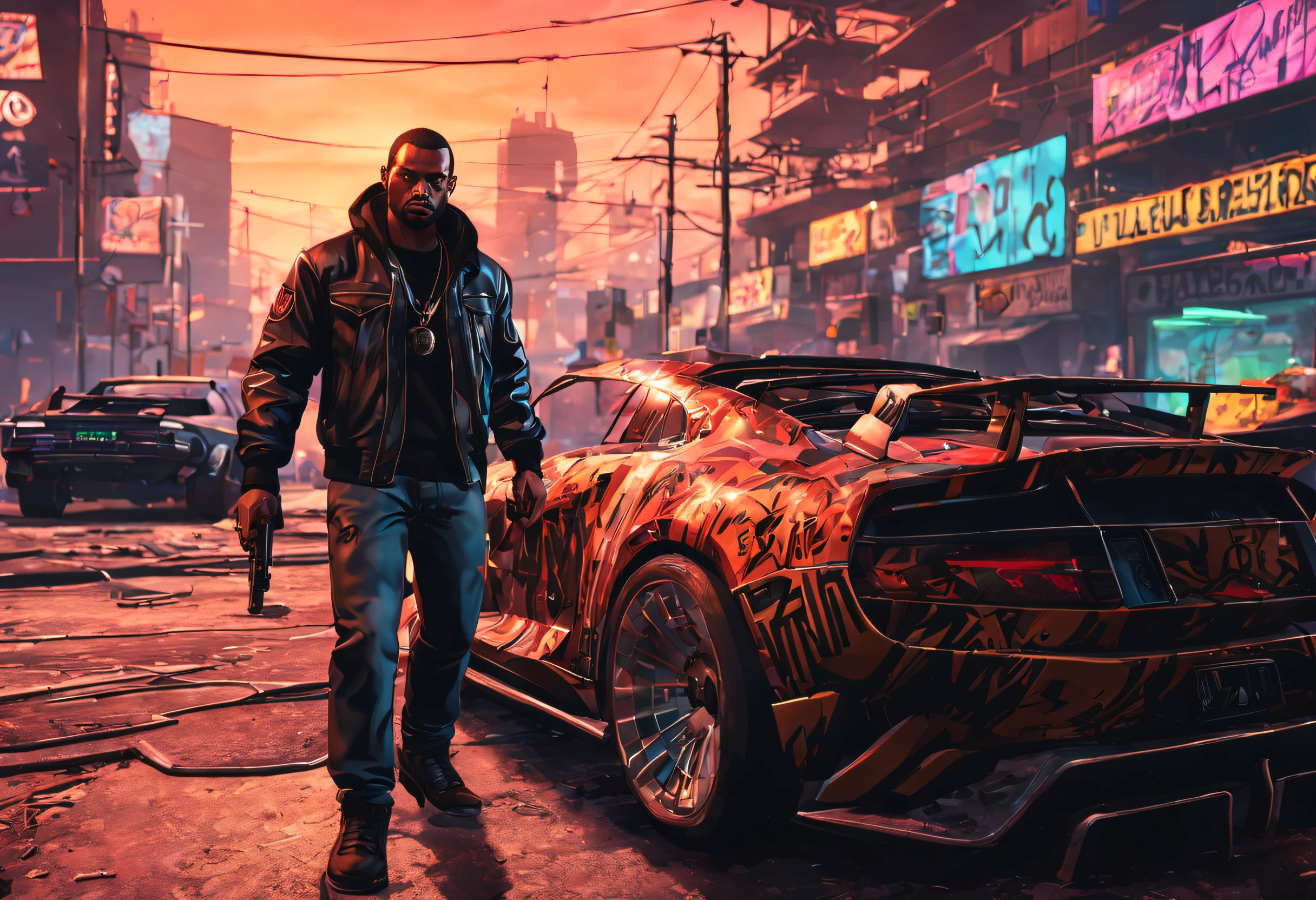 a detailed scene in GTA style, featuring an urban cityscape with high-rise buildings, bustling streets filled with speeding cars and neon-lit signs, a protagonist wearing a black leather jacket and holding a futuristic weapon, surrounded by a gang of armed criminals, intense action with explosions and gunfire, dramatic lighting with deep shadows and vibrant colors, cinematic angles and compositions, realistic textures and materials, capturing the essence of a thrilling open-world adventure (best quality, 4k, highres:1.2), ultra-detailed, realistic:1.37, HDR, street art graffiti, dynamic lighting, gritty atmosphere.