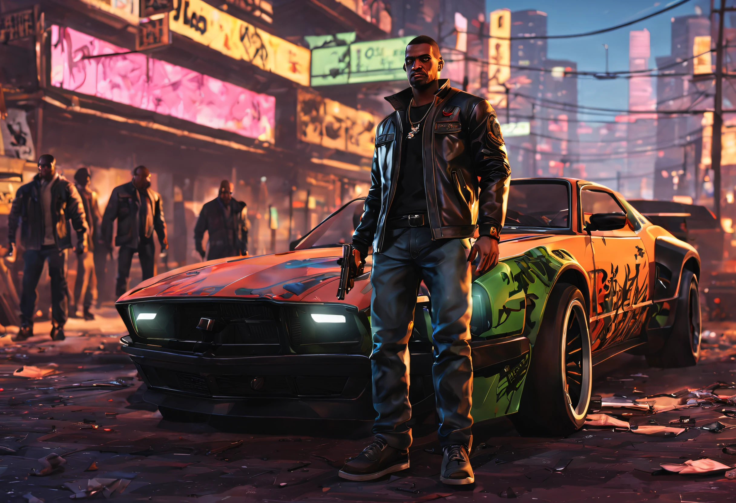 a detailed scene in GTA style, featuring an urban cityscape with high-rise buildings, bustling streets filled with speeding cars and neon-lit signs, a protagonist wearing a black leather jacket and holding a futuristic weapon, surrounded by a gang of armed criminals, intense action with explosions and gunfire, dramatic lighting with deep shadows and vibrant colors, cinematic angles and compositions, realistic textures and materials, capturing the essence of a thrilling open-world adventure (best quality, 4k, highres:1.2), ultra-detailed, realistic:1.37, HDR, street art graffiti, dynamic lighting, gritty atmosphere.