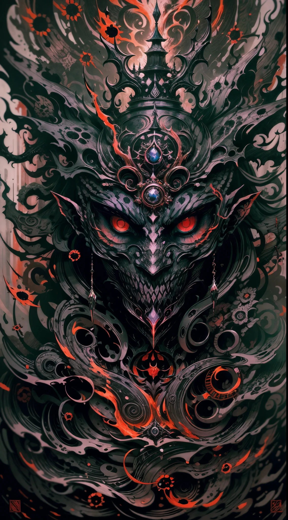 Explosive, otherworldly painting of a shape-shifting deity adorned with chaotic dark soul motifs and omnipresent, piercing eyes, a breathtaking amalgamation of fine art and captivating photo collage, mesmerizing poster design:: their appearance exuded the enigmatic allure of Bloodborne series minimalism fused with cosmic chaos:: --ar 9:16 --s 963 --c 9 --q 2 --v 5