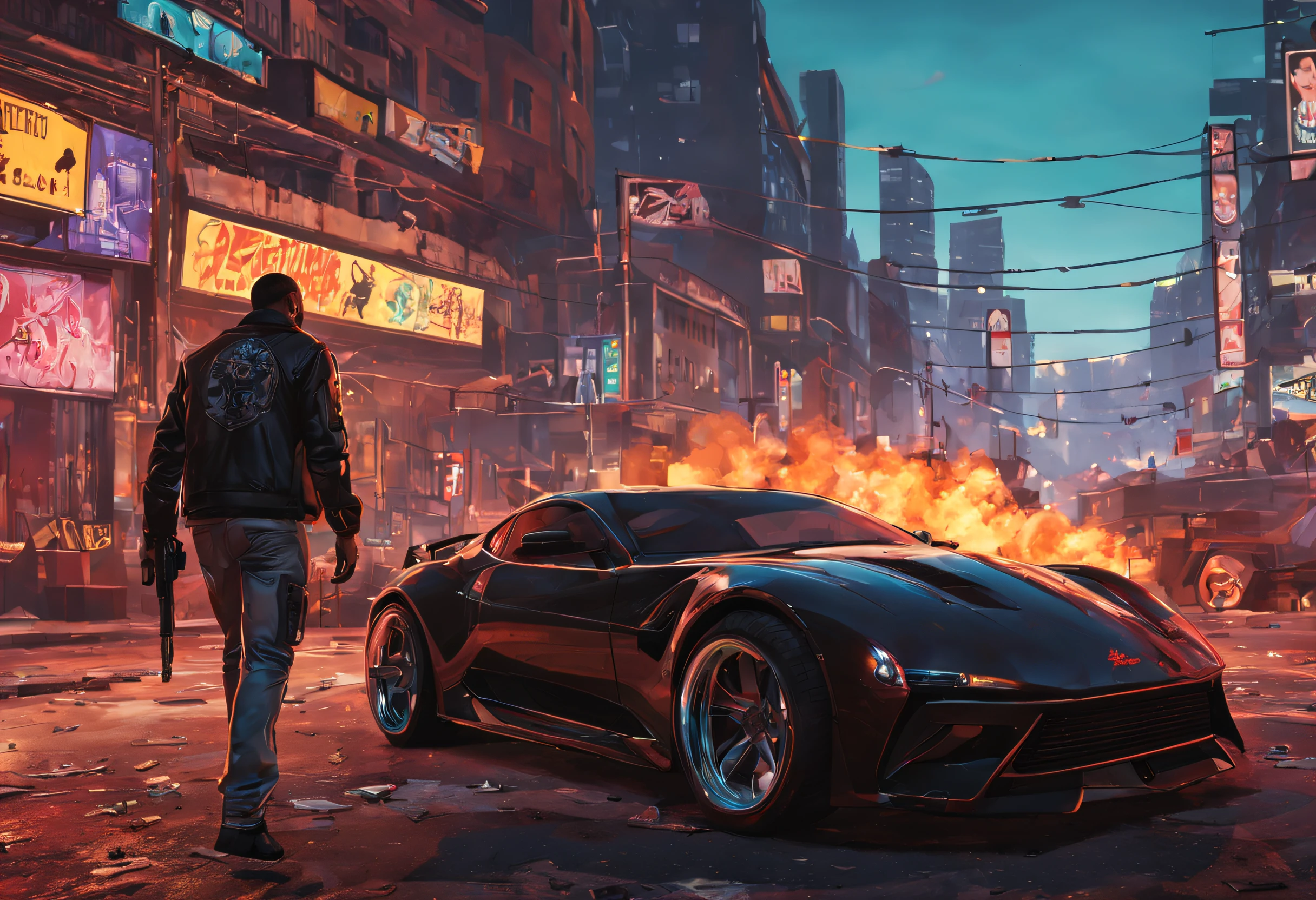 a detailed scene in GTA style, featuring an urban cityscape with high-rise buildings, bustling streets filled with speeding cars and neon-lit signs, a protagonist wearing a black leather jacket and holding a futuristic weapon, surrounded by a gang of armed criminals, intense action with explosions and gunfire, dramatic lighting with deep shadows and vibrant colors, cinematic angles and compositions, realistic textures and materials, capturing the essence of a thrilling open-world adventure (best quality, 4k, highres:1.2), ultra-detailed, realistic:1.37, HDR, street art graffiti, dynamic lighting, gritty atmosphere.