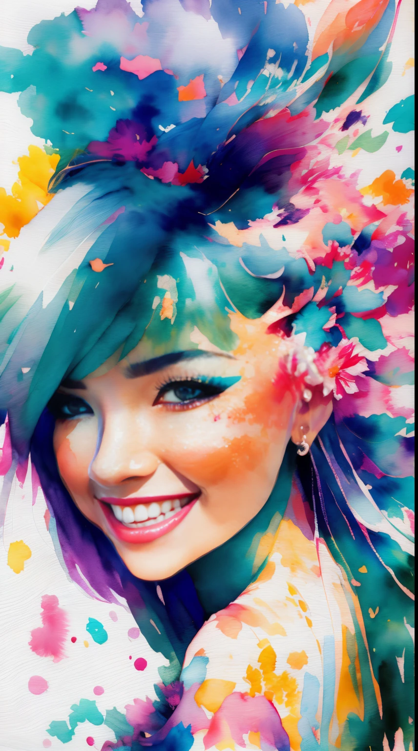 WaterColor style，Color splash ink，splash ink texture，A half-length beautiful lady，A half body，charming smile，Toothy smile，Digital art，offcial art，Blowing in the wind，tmasterpiece，big breasts beautiful，（（aquarelle）），paint splatter，Complicated details。The  very detailed