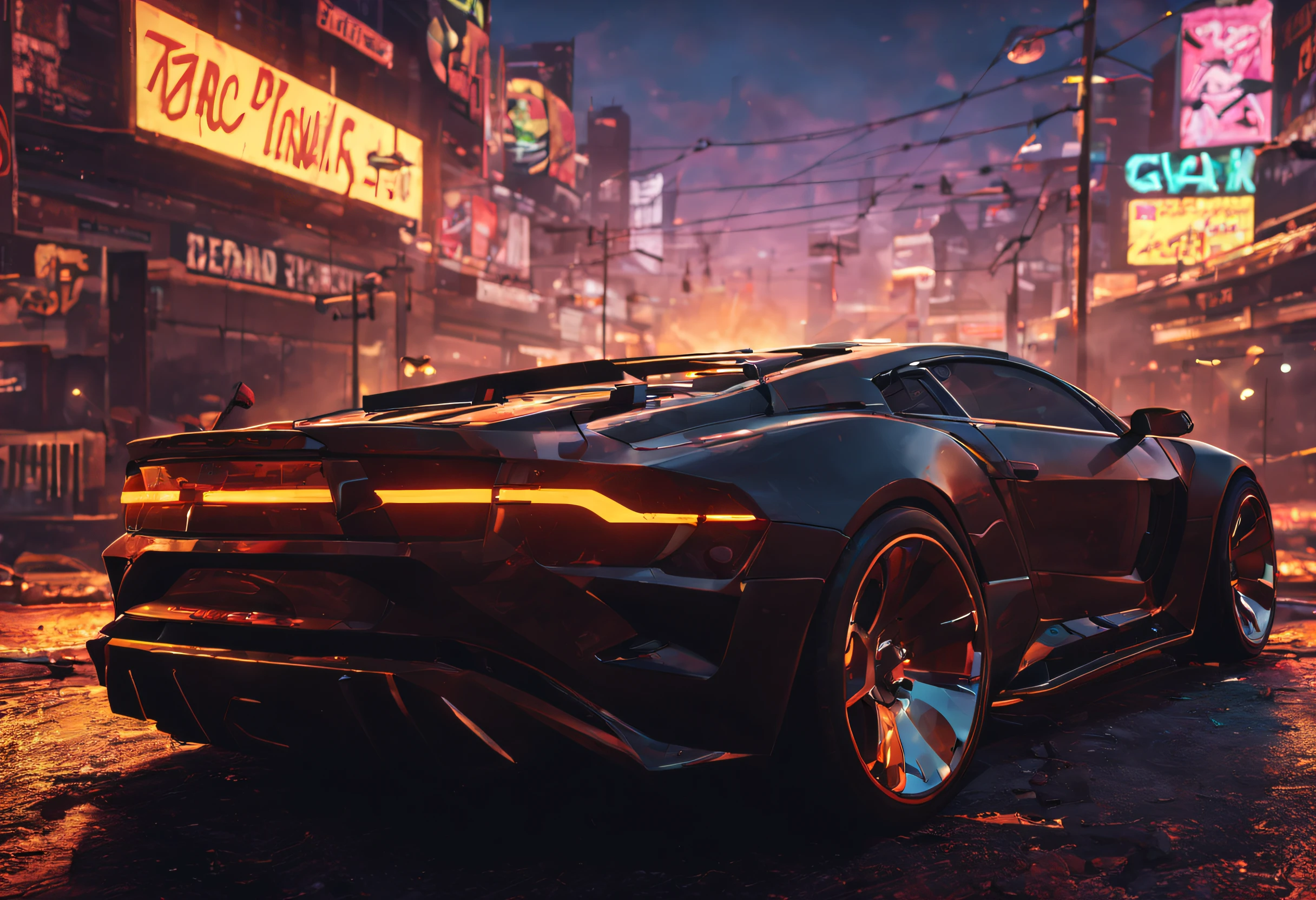 a detailed scene in GTA style, featuring an urban cityscape with high-rise buildings, bustling streets filled with speeding cars and neon-lit signs, a protagonist wearing a black leather jacket and holding a futuristic weapon, surrounded by a gang of armed criminals, intense action with explosions and gunfire, dramatic lighting with deep shadows and vibrant colors, cinematic angles and compositions, realistic textures and materials, capturing the essence of a thrilling open-world adventure (best quality, 4k, highres:1.2), ultra-detailed, realistic:1.37, HDR, street art graffiti, dynamic lighting, gritty atmosphere.