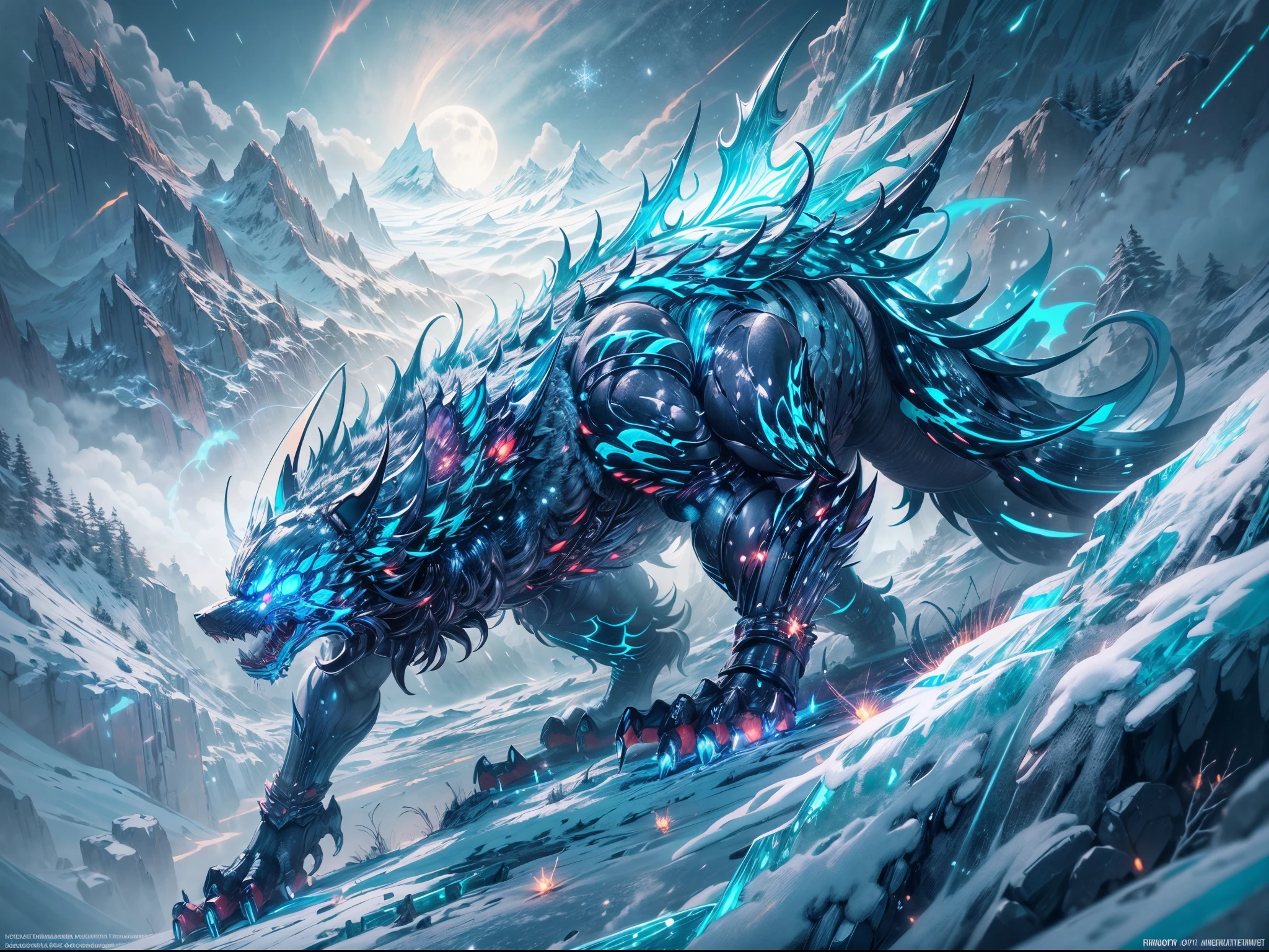 Metal Garurumon,best quality,ultra-detailed,metallic sheen,masterpiece:1.2,technological,blue color scheme,sharp focus,powerful and majestic,howling at the moon,in a snowy mountain peak,glowing electric blue eyes,sharp fangs,imposing metallic body,blue energy aura,icy breath,steaming mist,huge silver claws,sleek and aerodynamic design,dynamic pose,emitting sparks,sparkling snowflakes,stoic expression,crystal clear atmosphere,moonlit sky,icy wind,star-filled night,glacier backdrop,magnificent virtual landscape,neon lights,textured fur,enhanced cybernetic implants,wireframe elements,glittering ice crystals,intricate circuit patterns,frost-covered trees,rocky outcrops,aurora borealis in the distance,frigid atmosphere,evoking a sense of power and danger,luminous details.