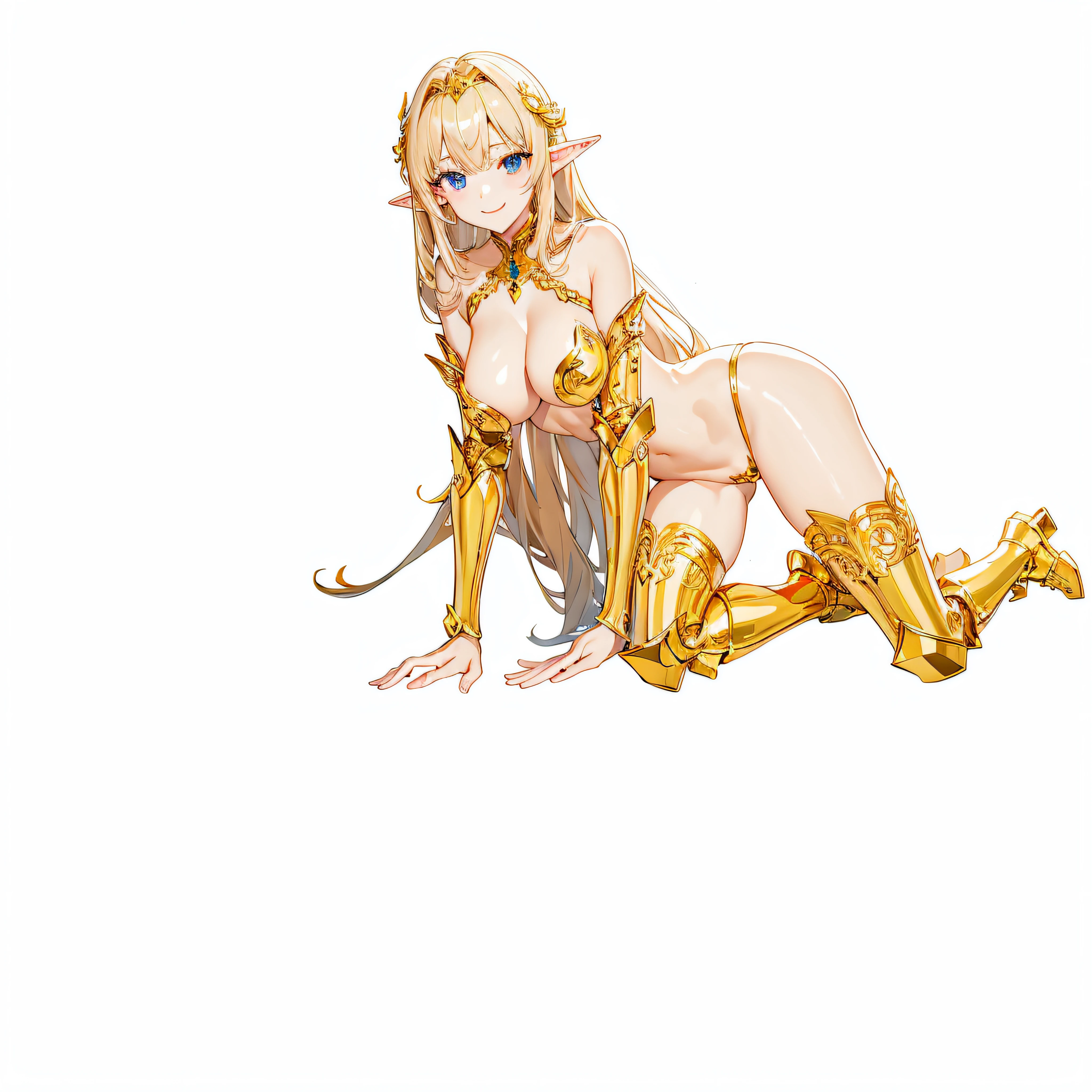 masterpiece、top-quality、ighly detailed、hight resolution、16k、fullnude、Teetoob proportions、golden armour、Very thin skirt、Looks like a black pantal body、Very white skin、Beautiful fingers、Anime girl with very posing naked、Perfeyle、elvish、no-bra、Blonde blue-eyed、A smile、An elf girl