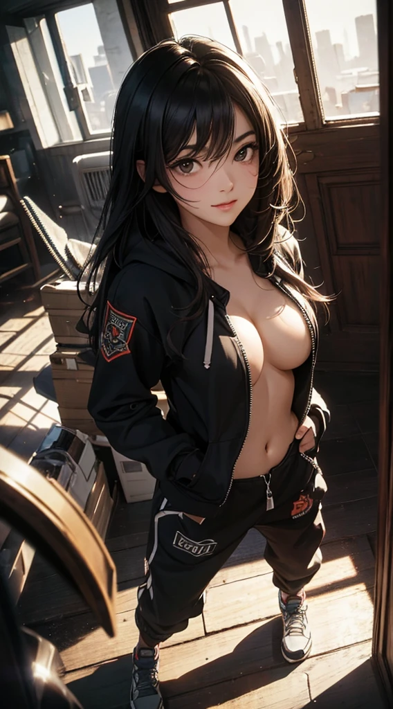 ((8k wallpaper of extremely detailed CG unit, masterpiece, hight resolution, top-quality)), (Beautuful Women, Smile, Hands in pockets:1.8, Grunge Fashion, wearing a zippered hoodie:1.2, Wearing sweatpants:1.2, Wearing shoes:1.1), ((extra detailed face, Highly detailed black eyes, extra detailed body, Top quality real texture skins)), (A dark-haired, hair messy, de pele branca, Exposed belly), (inside an empty building, light coming through the window), (high-angle:1.2, Fisheye:1.3), hyper realisitic, digitial painting,