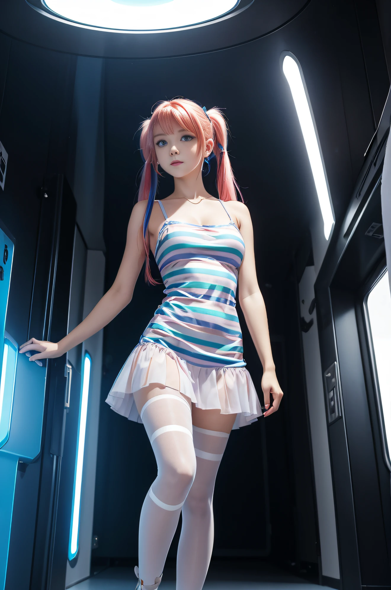 cute redhead with rainbow colored hair tips, ribbons in her hair, 18-year-old woman, happy, in twin tails, perfect symmetrical eyes, clear sparkling blue eyes, pale skin, silky smooth skin, standing on a fancy metal luxurious space ship, futuristic corridor, dark warm lighting, wearing a futuristic chemise over tank top and a pleated (chemise) mini dress (pastel colors, led lights and stripes), wearing full body pantyhose, cute short cut booties.