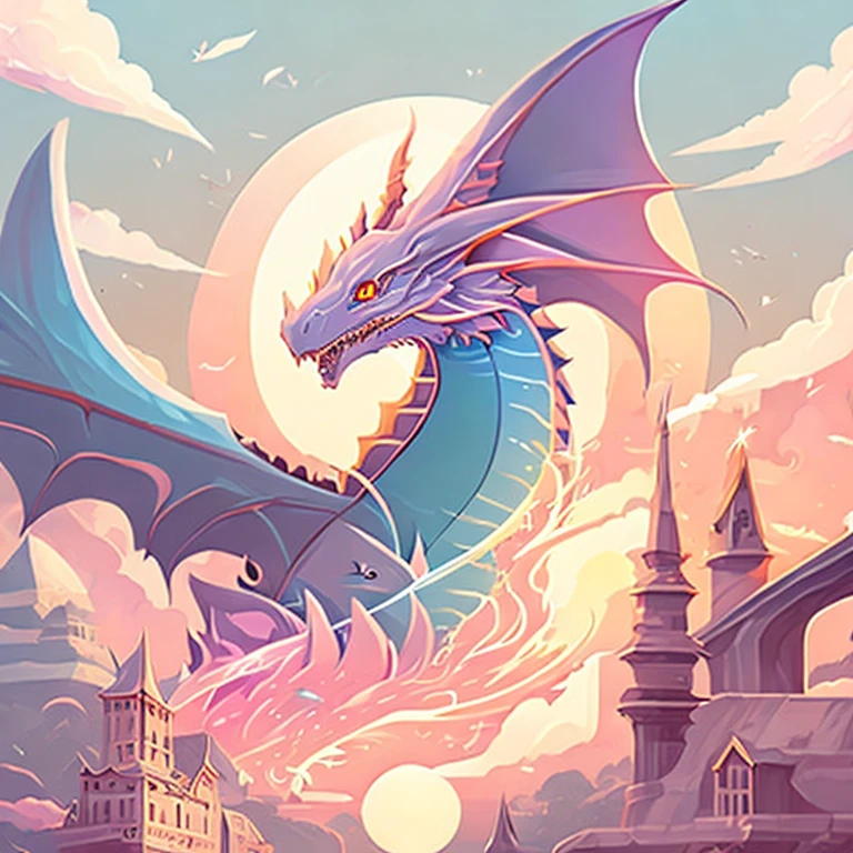 fantasy city and dragon, magic and sword theme, soft colours, Anime style, tshirt design, vector-art,suns