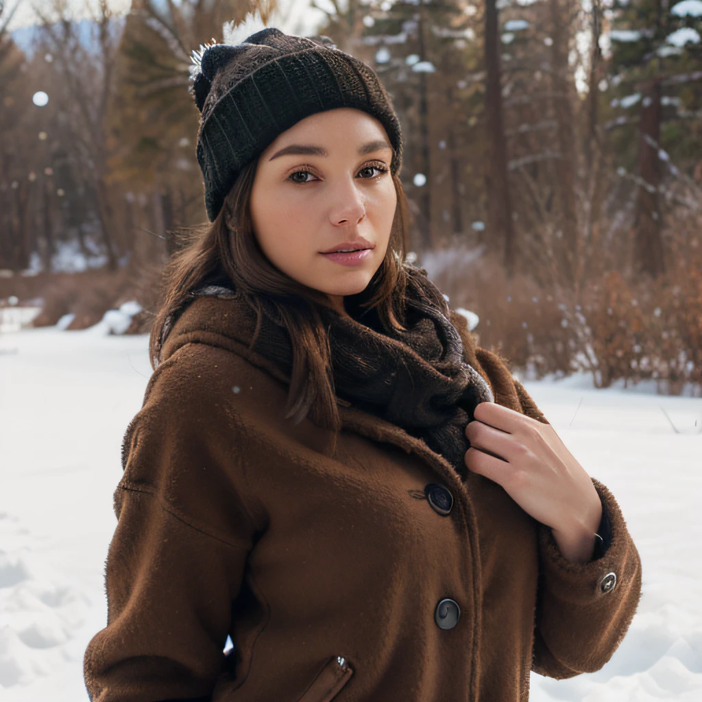 a woman in a winter clothes is posing in nature, realist: lifelike accuracy, webcam, dark brown, 32k uhd, beautiful women, sparse and simple