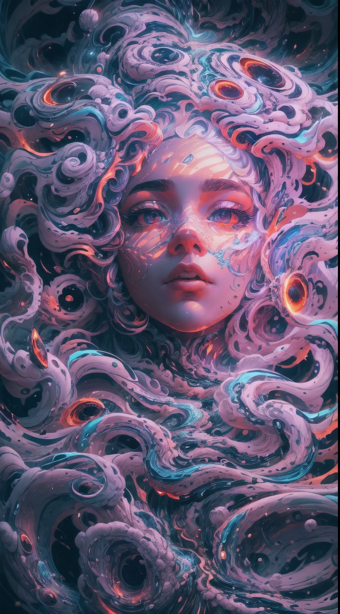 35mm photography, white cropped top, beautiful earth filled with water and lava, perfect eyes, sharp focus, 8k HD, crazy detail, intricate, Caenorhabditis elegans, atmospheric 4k hyper-detail, cinematic sensibility, sharp focus, masterpiece, color, surreal, vivid colors, (very detailed CG unity 8k wallpaper), intricate, high detail, sharp focus, realistic, symmetrical, volumetric lighting, beautiful, rich dark masterpiece, Dan Mumford and Mark M. Astrophotography in the style of Simonetti