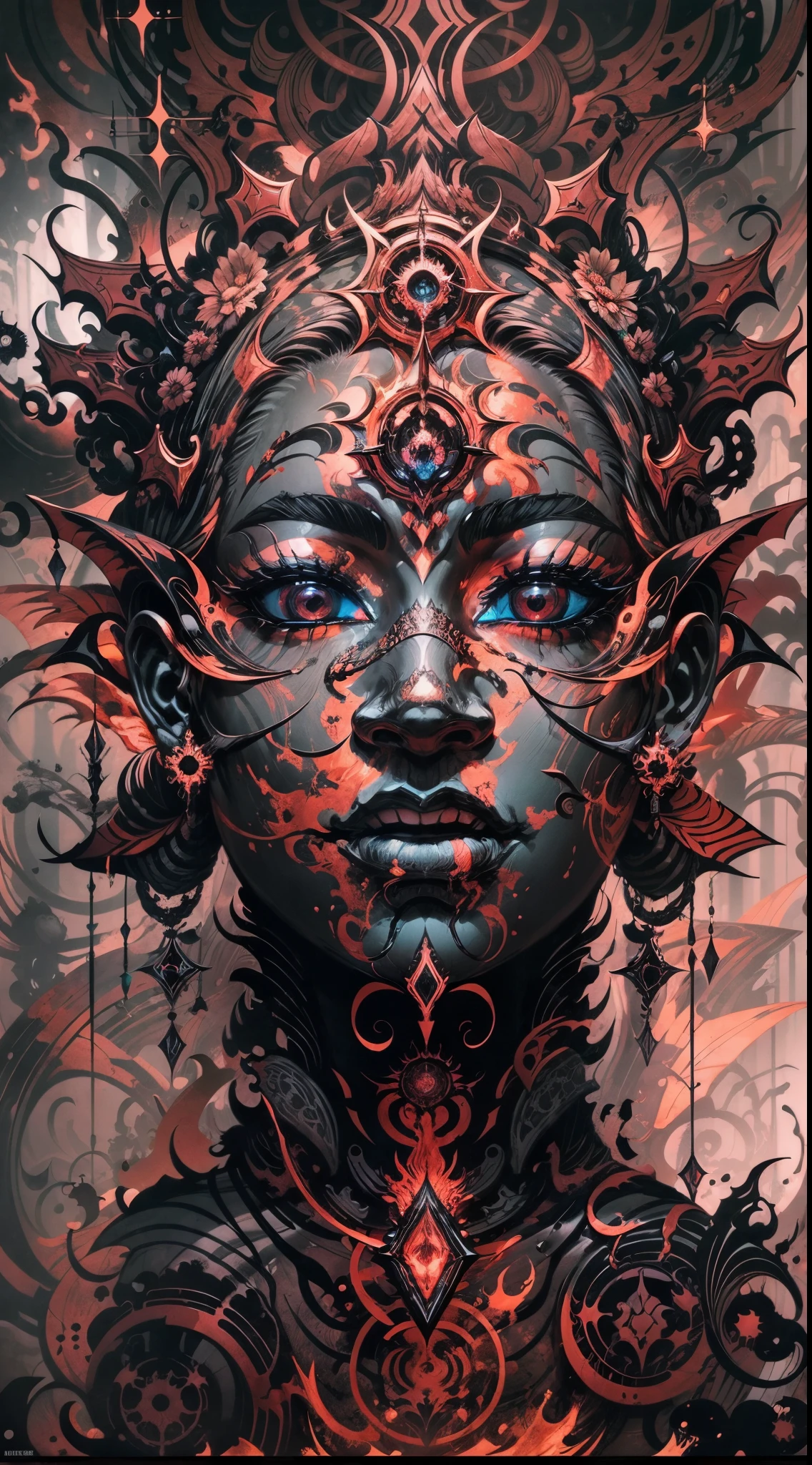 Explosive, otherworldly painting of a shape-shifting deity adorned with chaotic dark age motifs and omnipresent, piercing eyes, a breathtaking amalgamation of fine art and captivating photo collage, mesmerizing poster design:: their appearance exuded the enigmatic allure of dark fantasy minimalism fused with cosmic chaos:: --ar 9:16 --s 963 --c 9 --q 2 --v 5