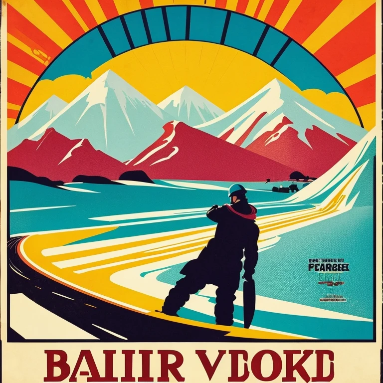 vintage poster style: Bright colors make the snowboard stand out、Vintage poster image with a nostalgic atmosphere。