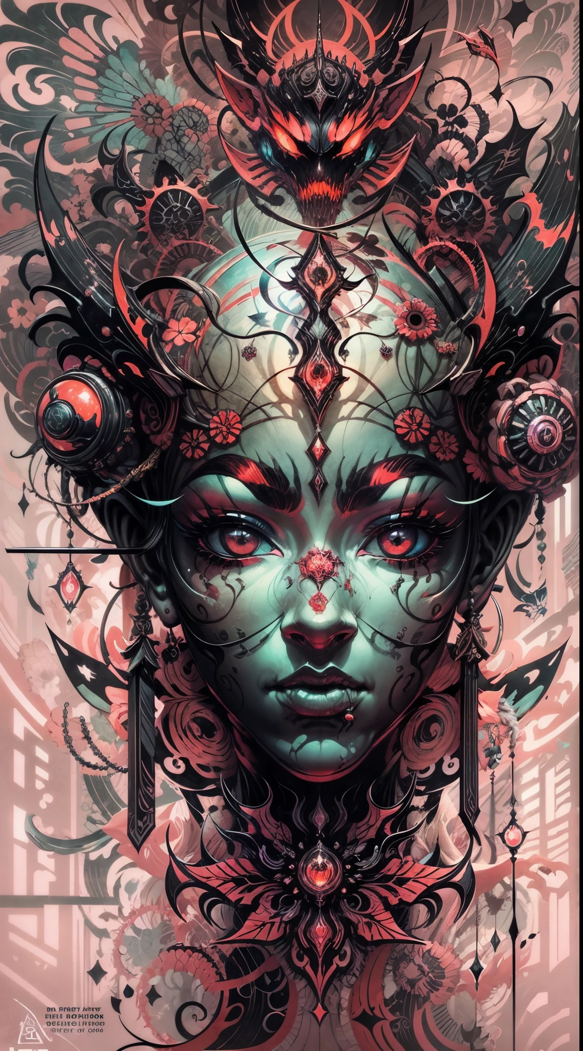 Explosive, otherworldly painting of a shape-shifting deity adorned with chaotic dark age motifs and omnipresent, piercing eyes, a breathtaking amalgamation of fine art and captivating photo collage, mesmerizing poster design:: their appearance exuded the enigmatic allure of dark fantasy minimalism fused with cosmic chaos:: --ar 9:16 --s 963 --c 9 --q 2 --v 5