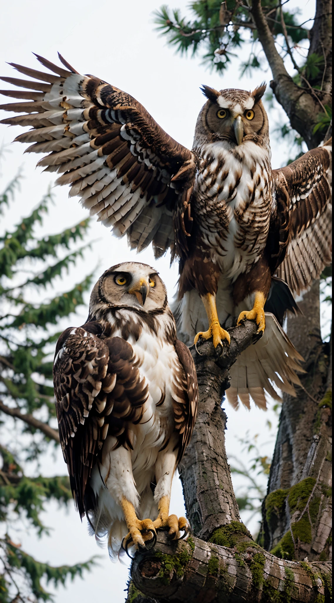 Eagle together with a sad owl on a tree in a forest