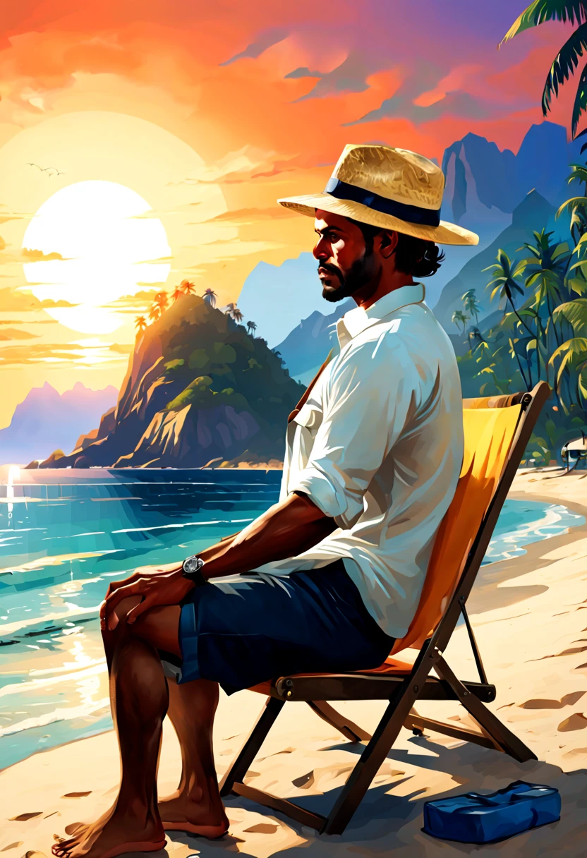 (GTA art, gtav style:1.2), The beach vacationer  wearing a loose white shirt, shorts below, and a straw hat on his head. The expression was relaxed and cheerful, leaning against a beach chair, gazing at the distant sea view. Sitting on a beautiful beach, surrounded by a blue sea and golden beaches, in the distance  a coconut forest. The soft orange sunset fell on the beach vacationer, reflecting her leisurely posture, enhance, intricate, (best quality, masterpiece, Representative work, official art, Professional, unity 8k wallpaper:1.3)